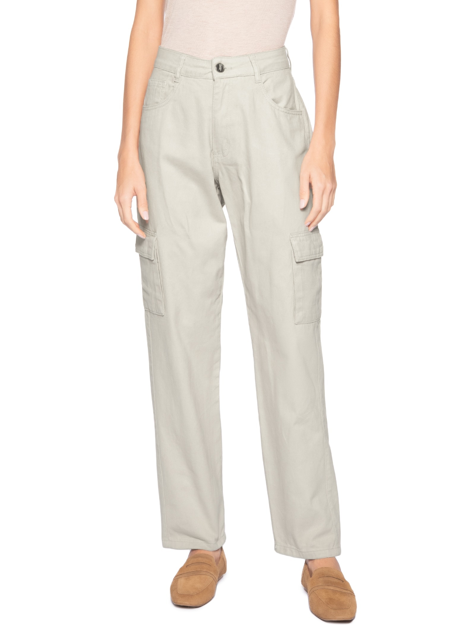 Calça Feminina Cargo De Sarja Bege Basiq