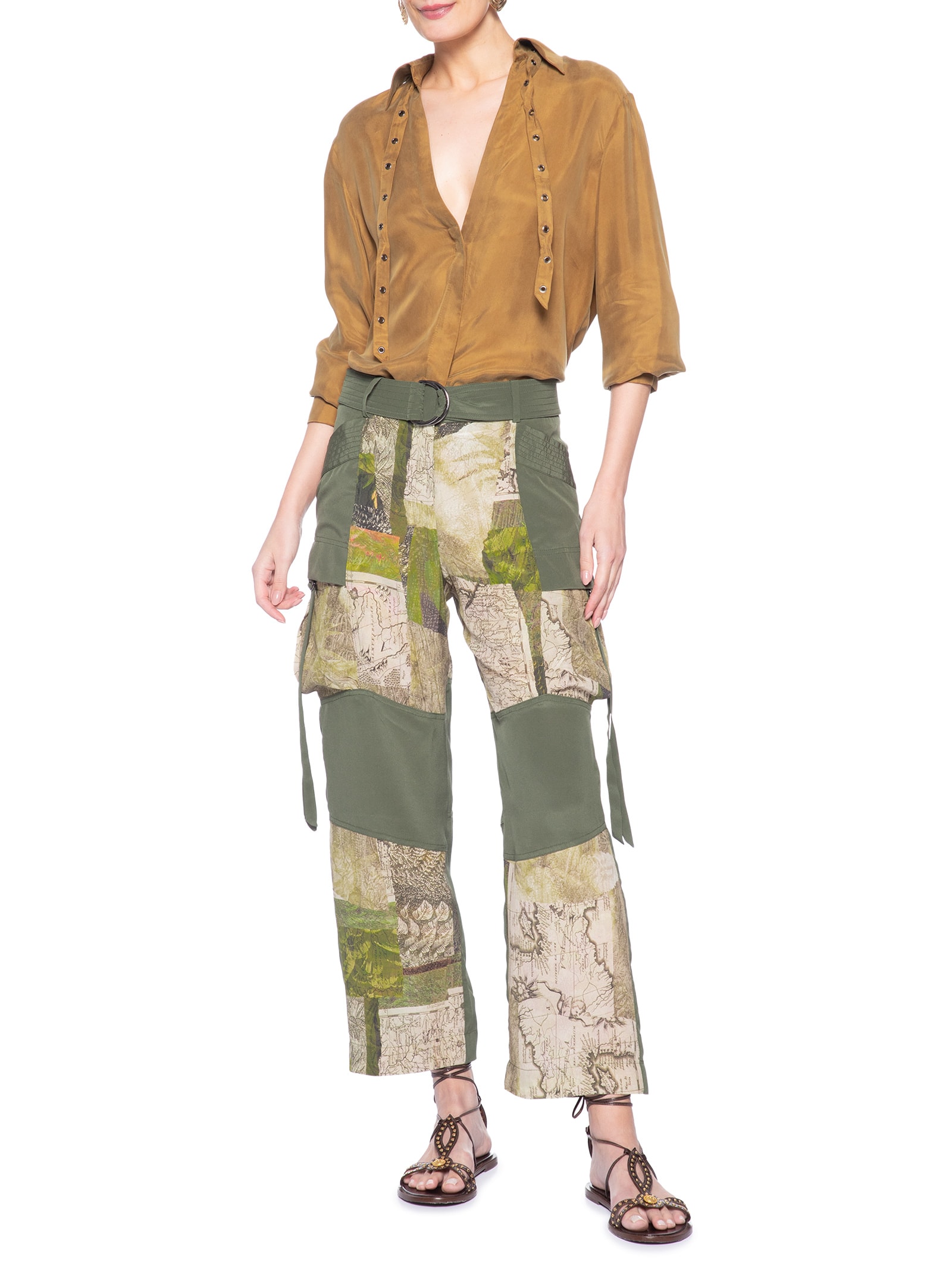 Calça Feminina Cargo Fotográfico Recortes Verde Animale