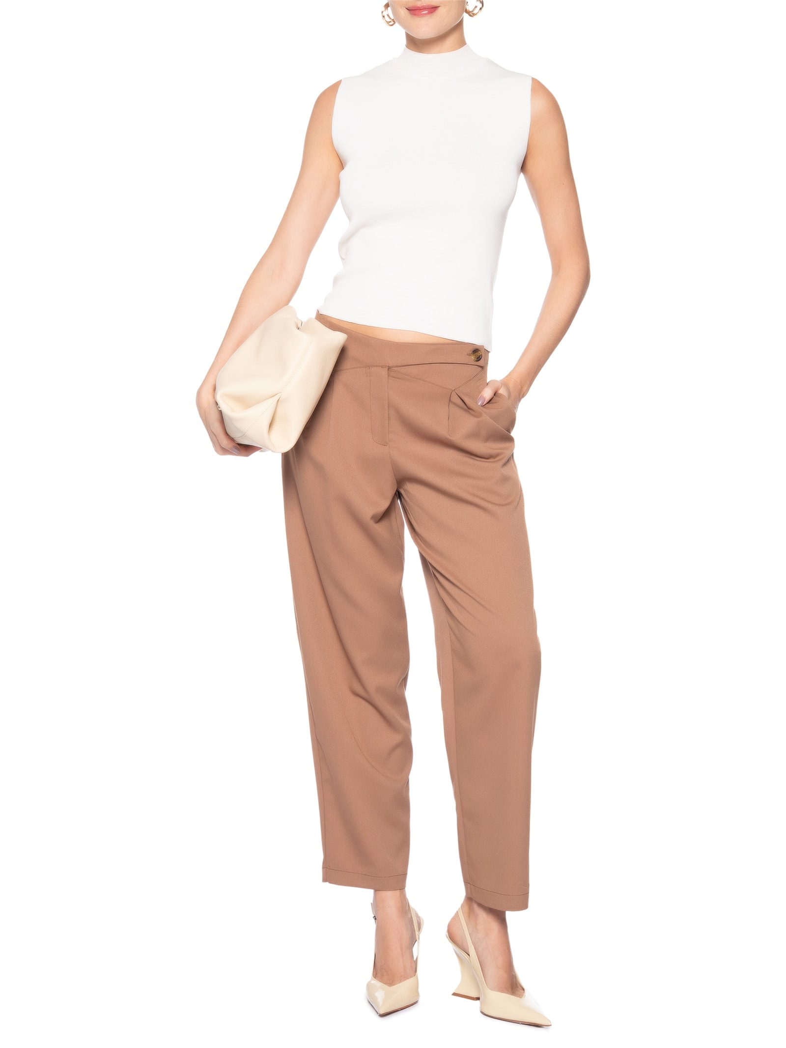 Calça Feminina Cenoura Com Cós Assimétrico Marrom Market 33