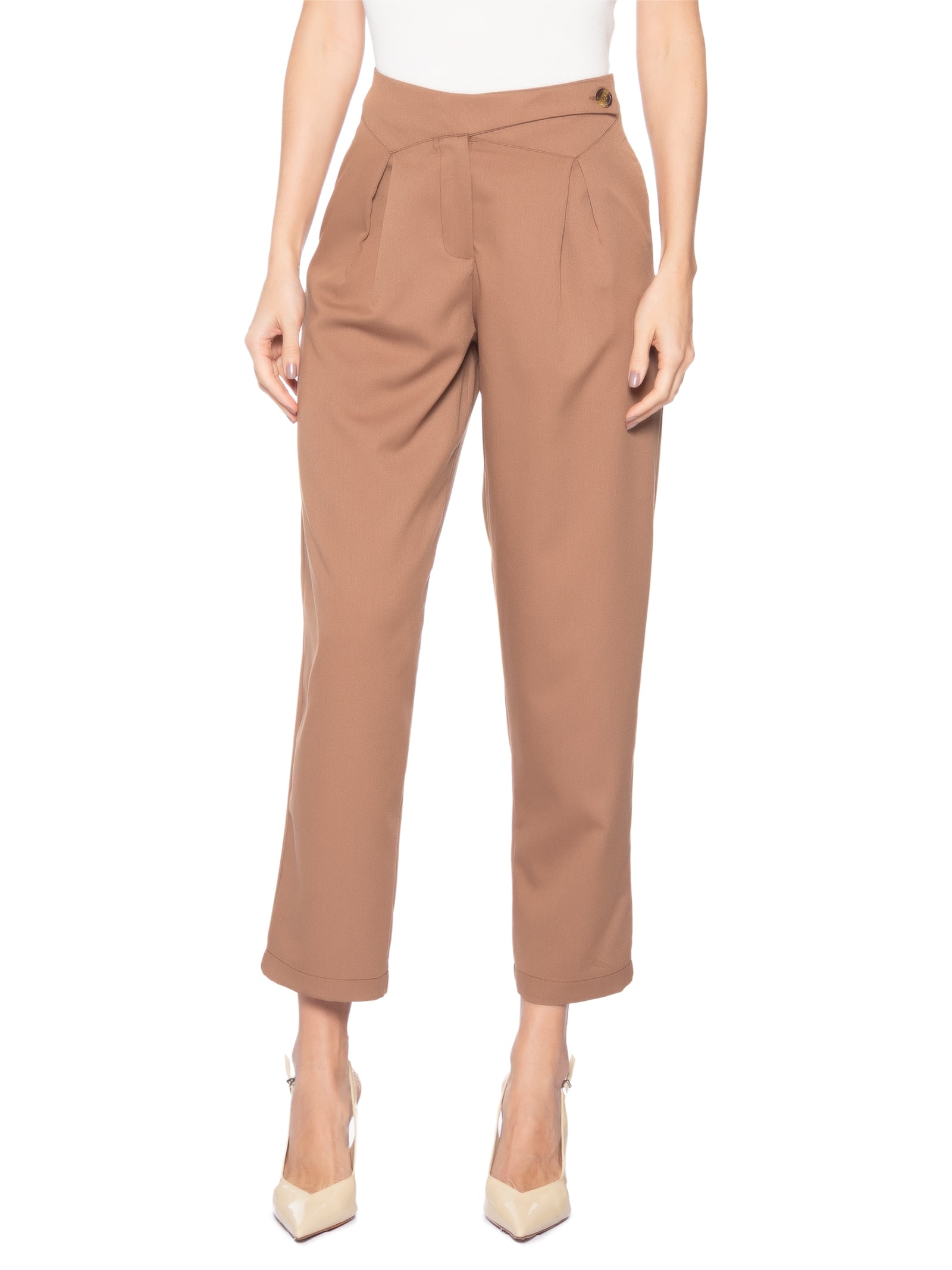 Calça Feminina Cenoura Com Cós Assimétrico Marrom Market 33