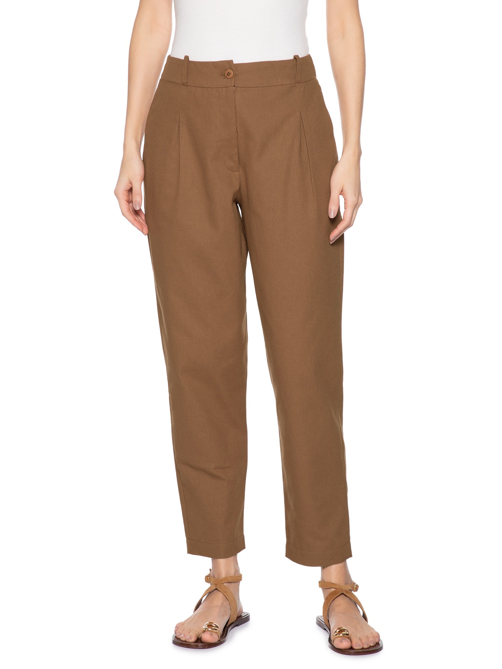 Calça Feminina Cenoura Com Pregas Marrom Cacay