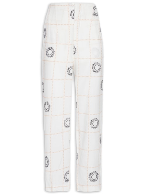 Calça Feminina Cenoura Linho Bordado Sol - Branco