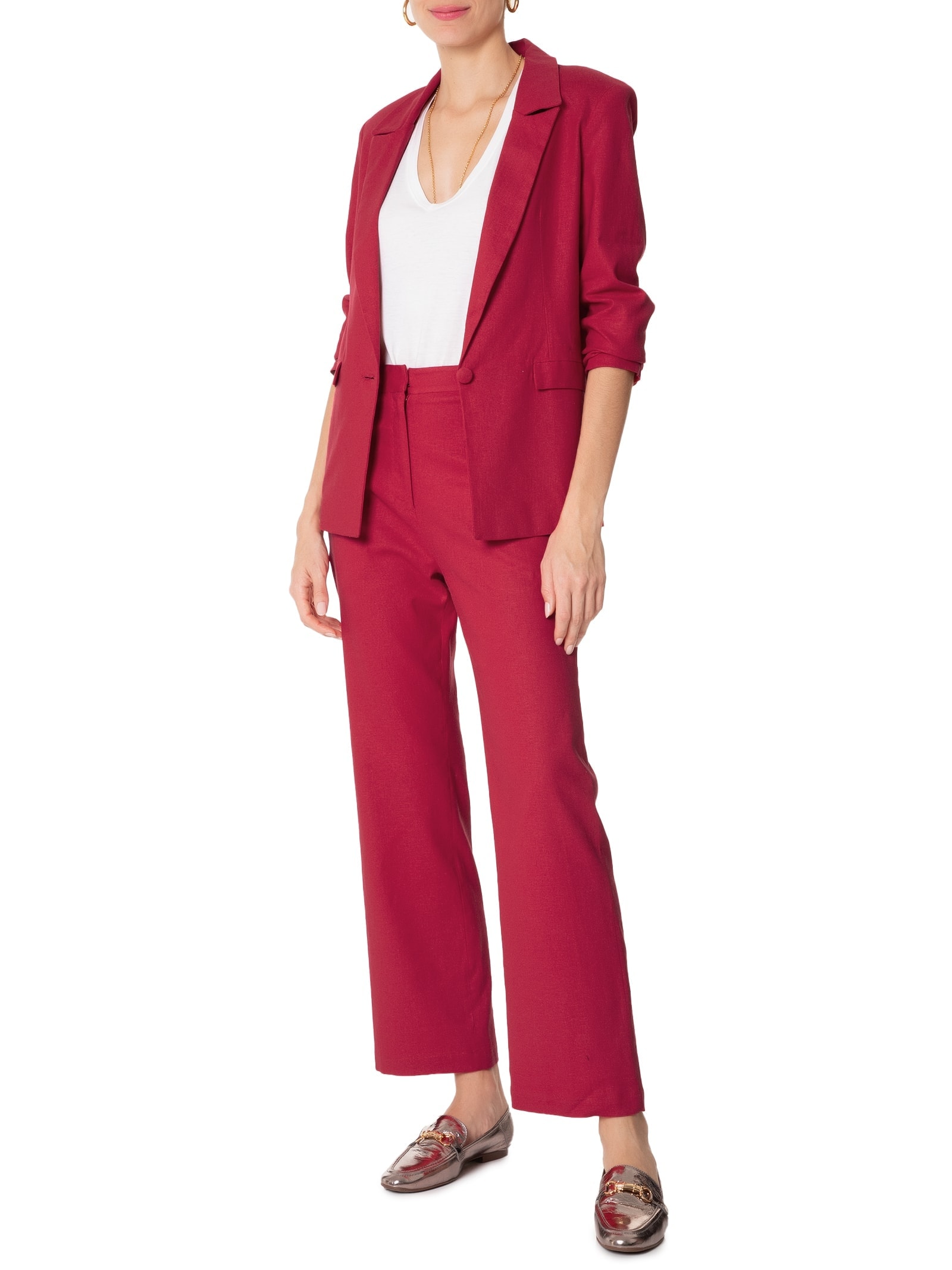 Calça Feminina Cintura Alta Reta Em Linho Misto Vermelho '2Essential