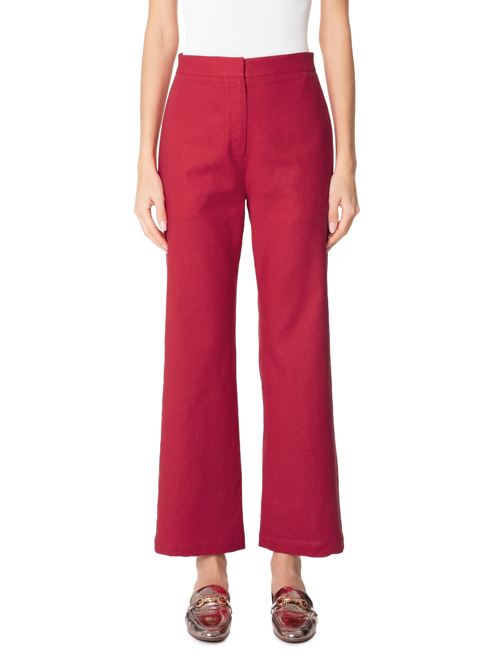 Calça Feminina Cintura Alta Reta Em Linho Misto Vermelho '2Essential