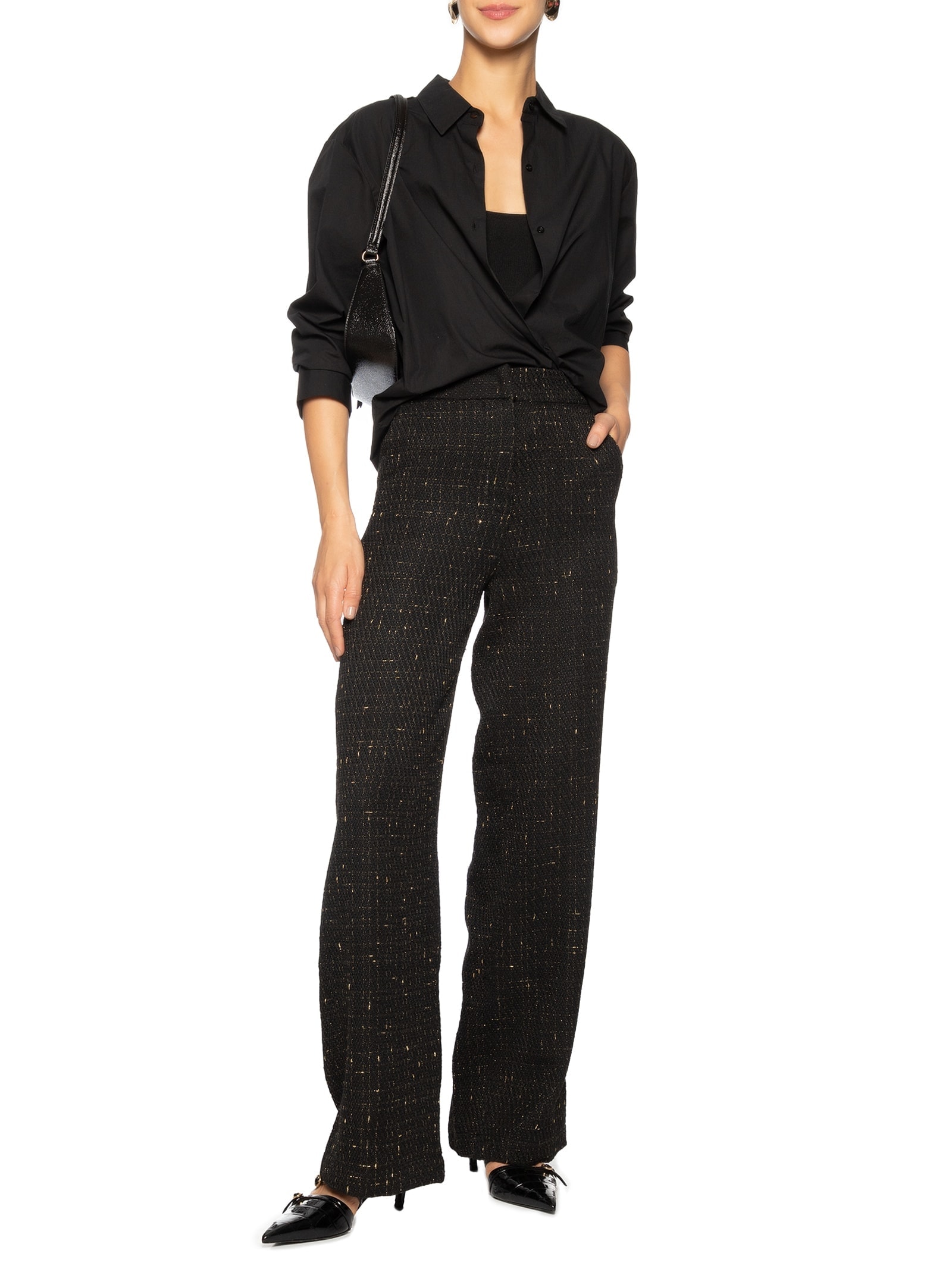 Calça Feminina Cintura Alta Reta Em Tweed Preto '2Essential