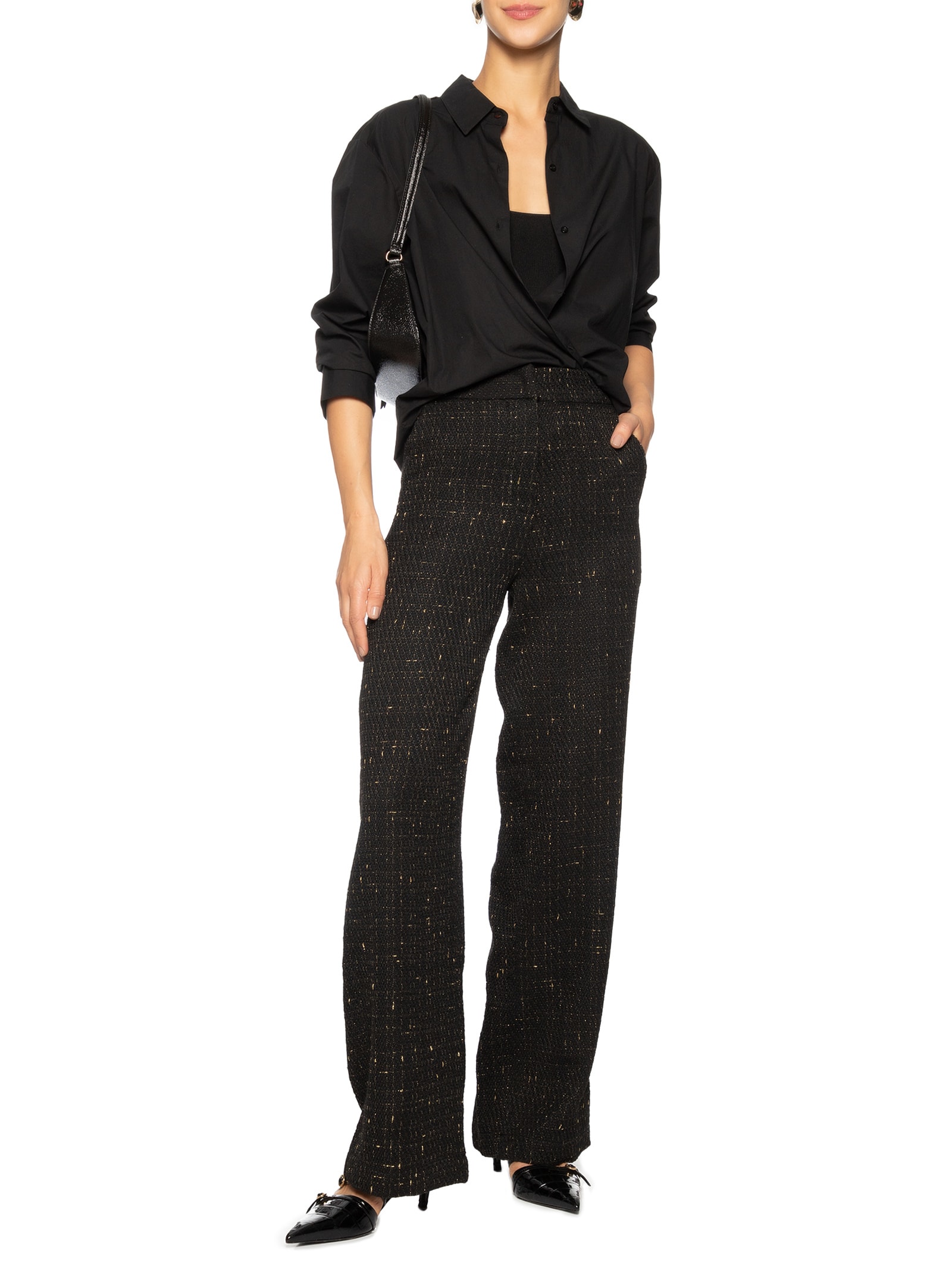 Calça Feminina Cintura Alta Reta Em Tweed Preto '2Essential