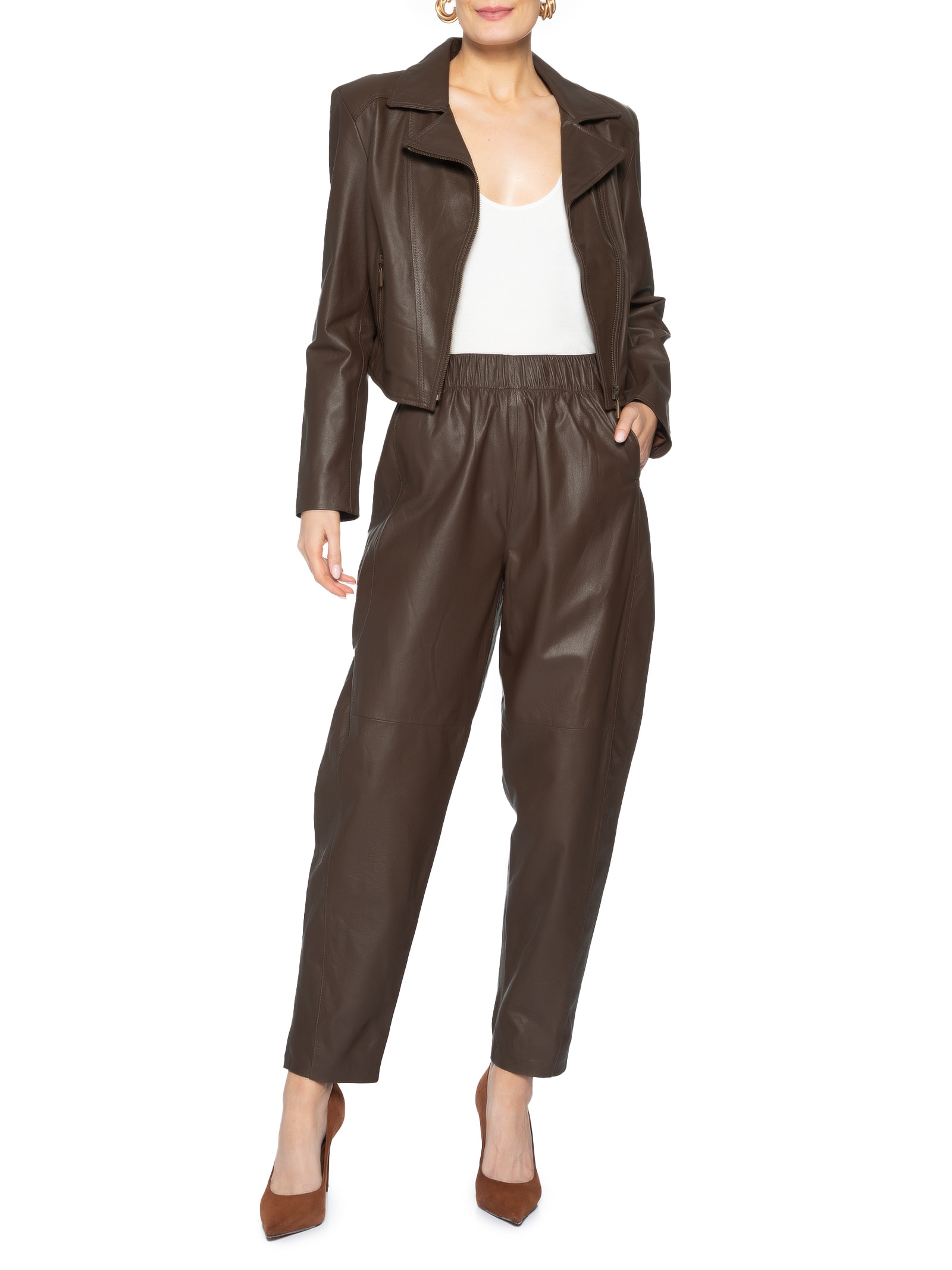 Calça Feminina Couro Balloon Marrom Studio Kalline