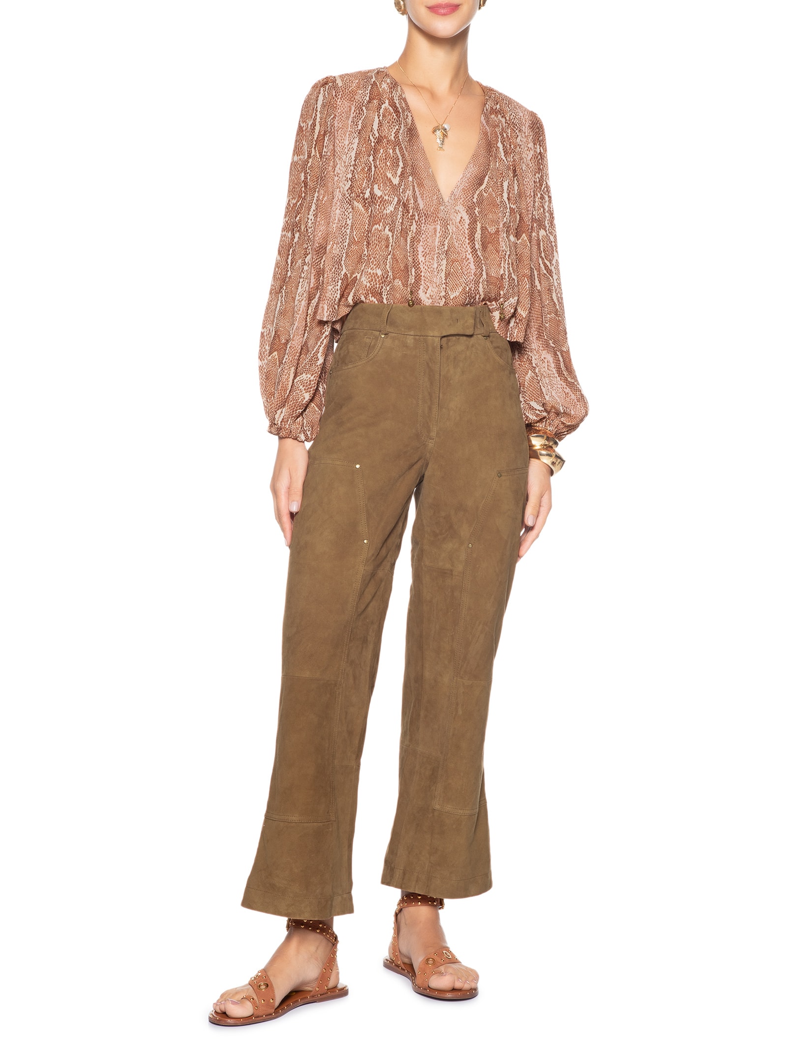 Calça Feminina Couro Chamois Marrom Maria Filó