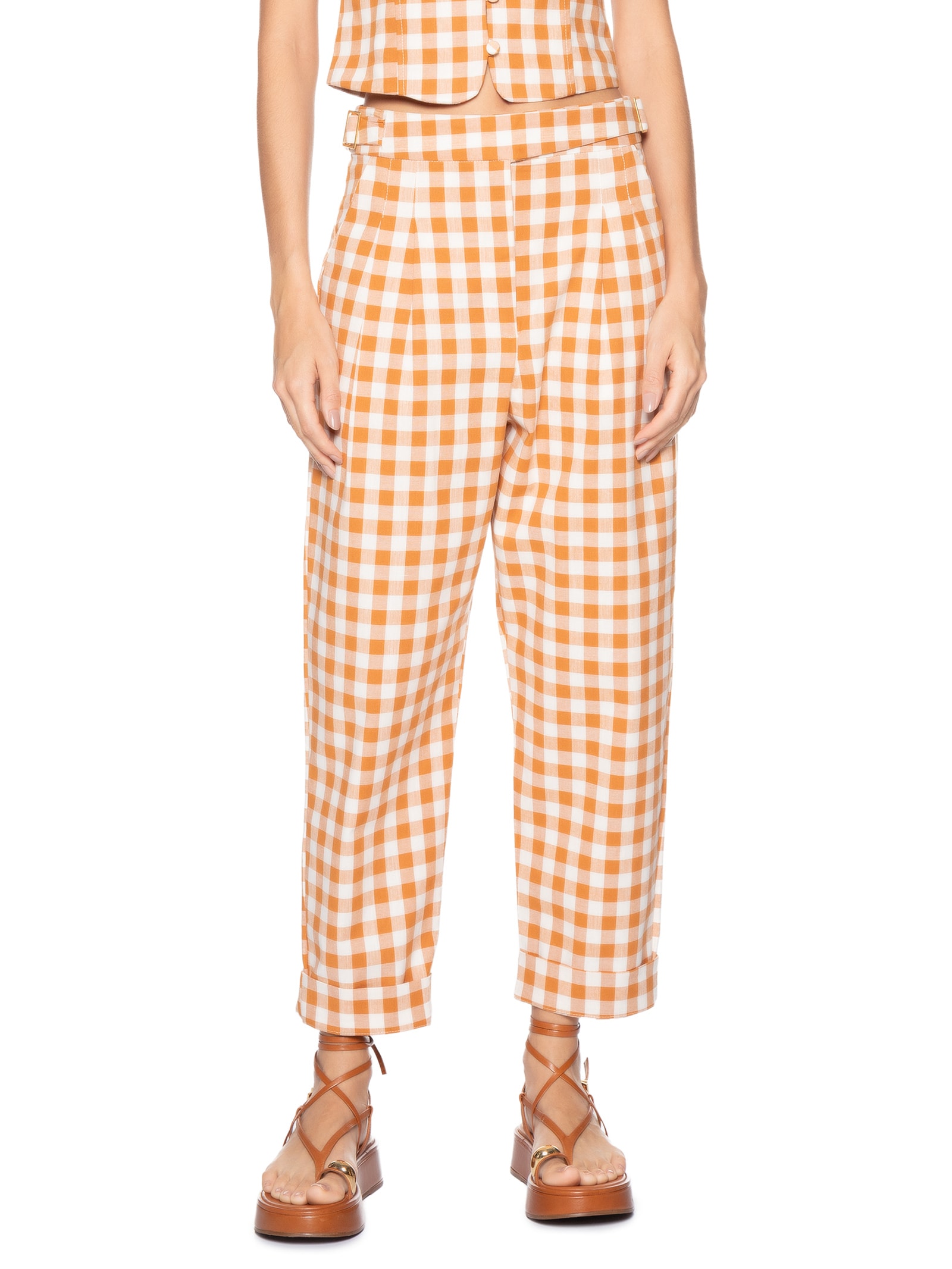 Calça Feminina Cropped Algodão Xadrez Bege Dress To