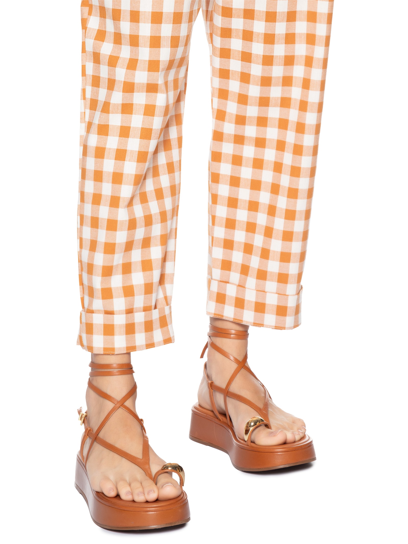 Calça Feminina Cropped Algodão Xadrez Bege Dress To