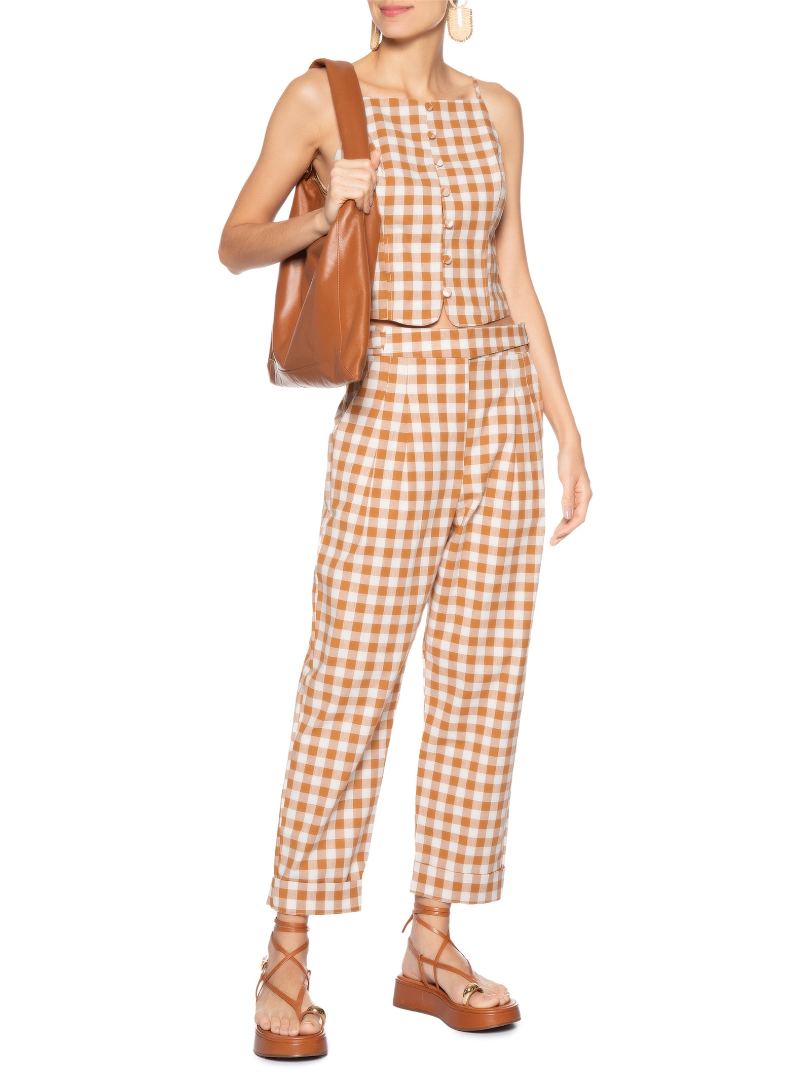 Calça Feminina Cropped Algodão Xadrez Bege Dress To