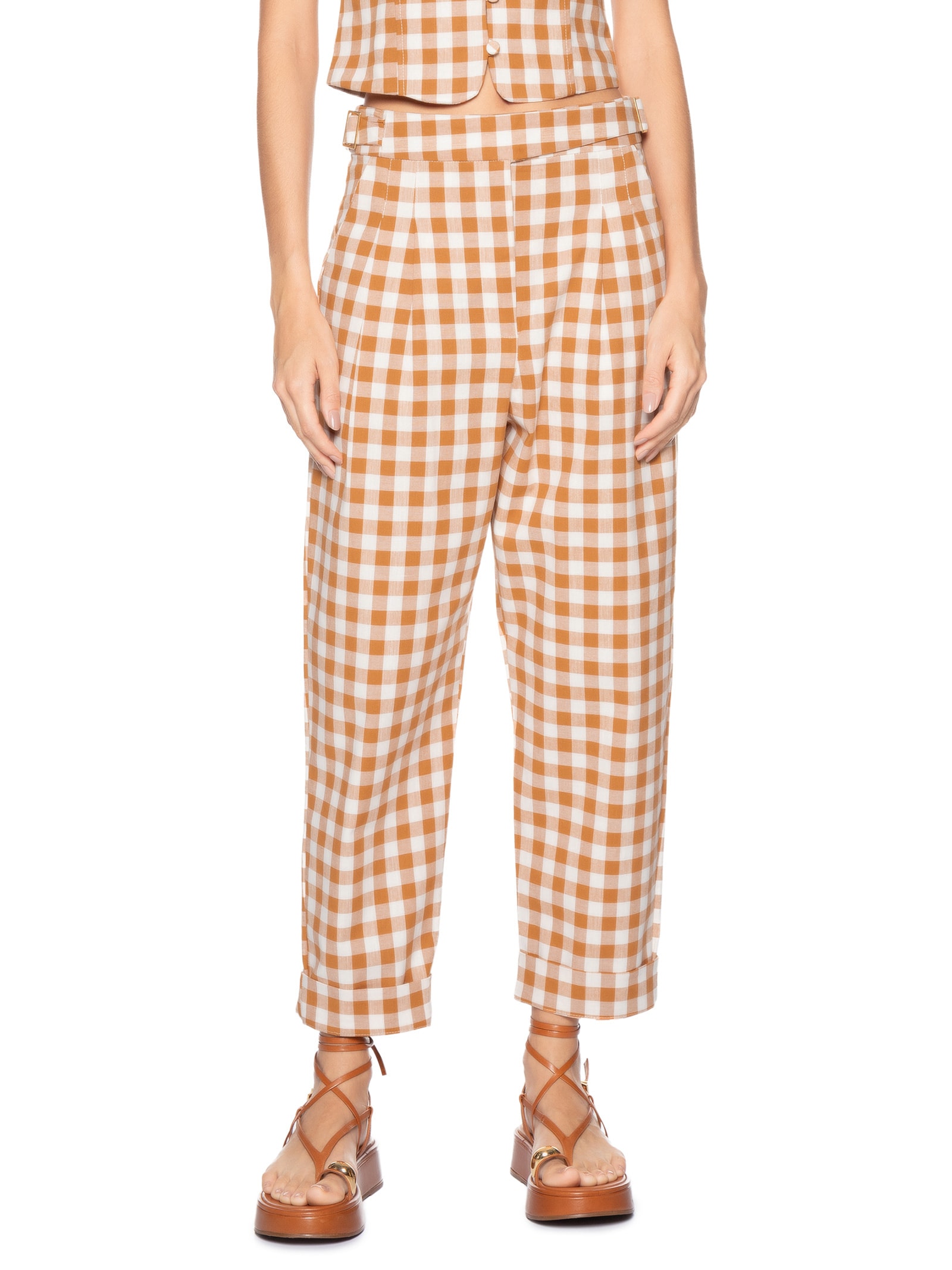 Calça Feminina Cropped Algodão Xadrez Bege Dress To