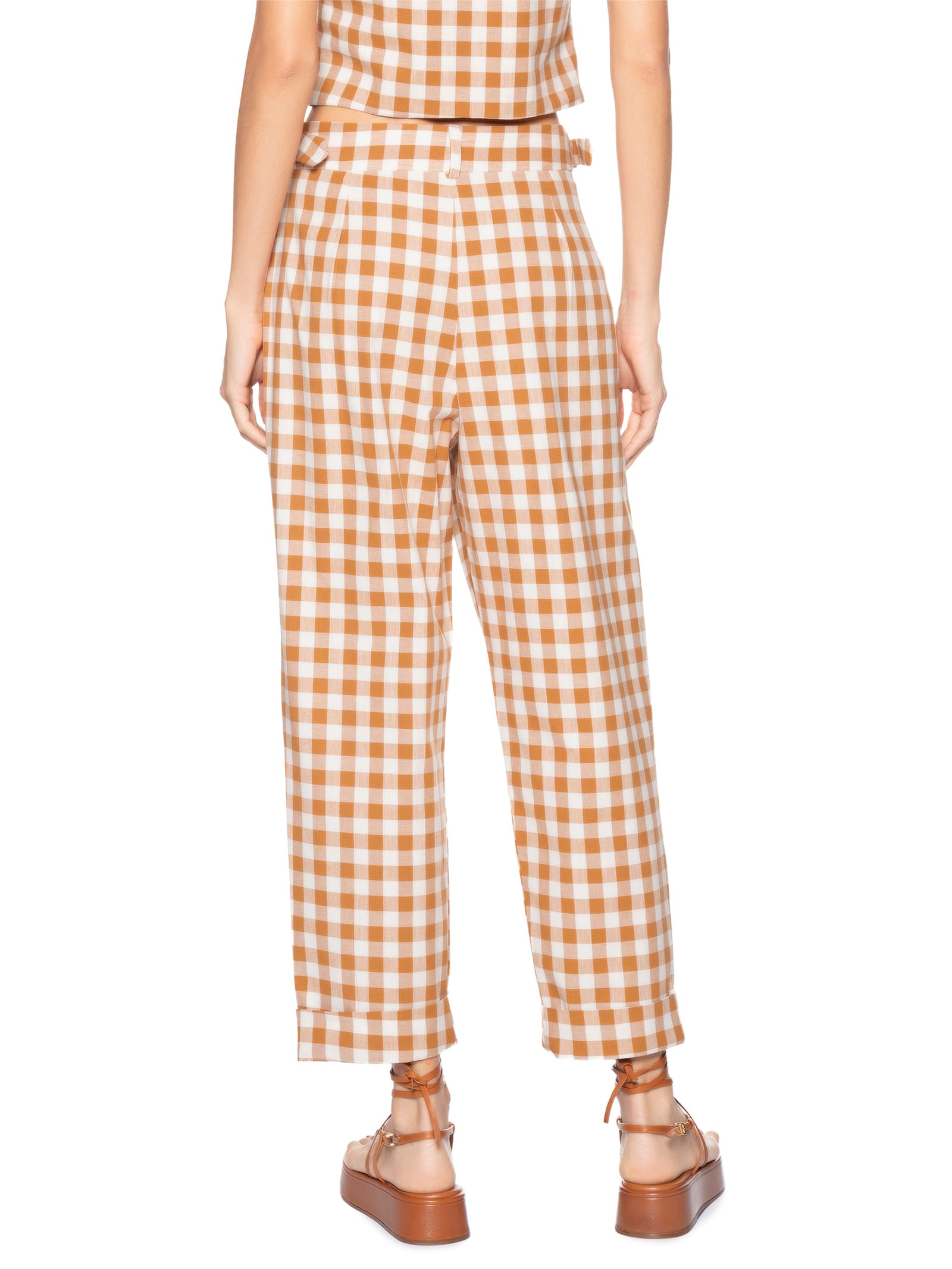 Calça Feminina Cropped Algodão Xadrez Bege Dress To