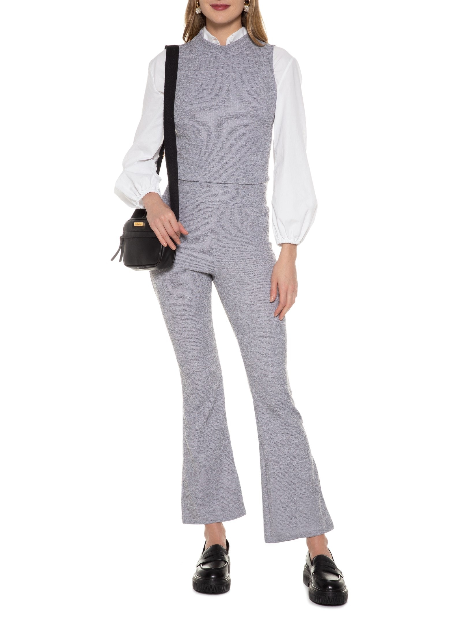 Calça Feminina Cropped Flare Tricot Cinza Basiq