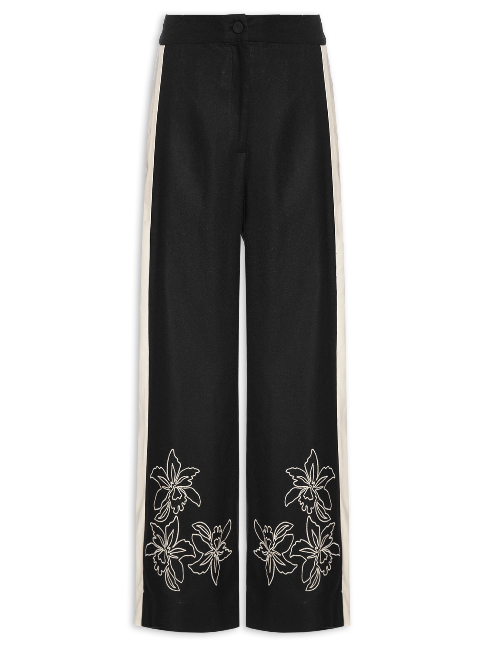 Calça Feminina Cropped Linho Bordado Floral Preto Dress To