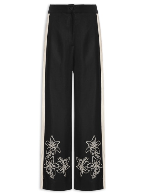 Calça Feminina Cropped Linho Bordado Floral – Preto