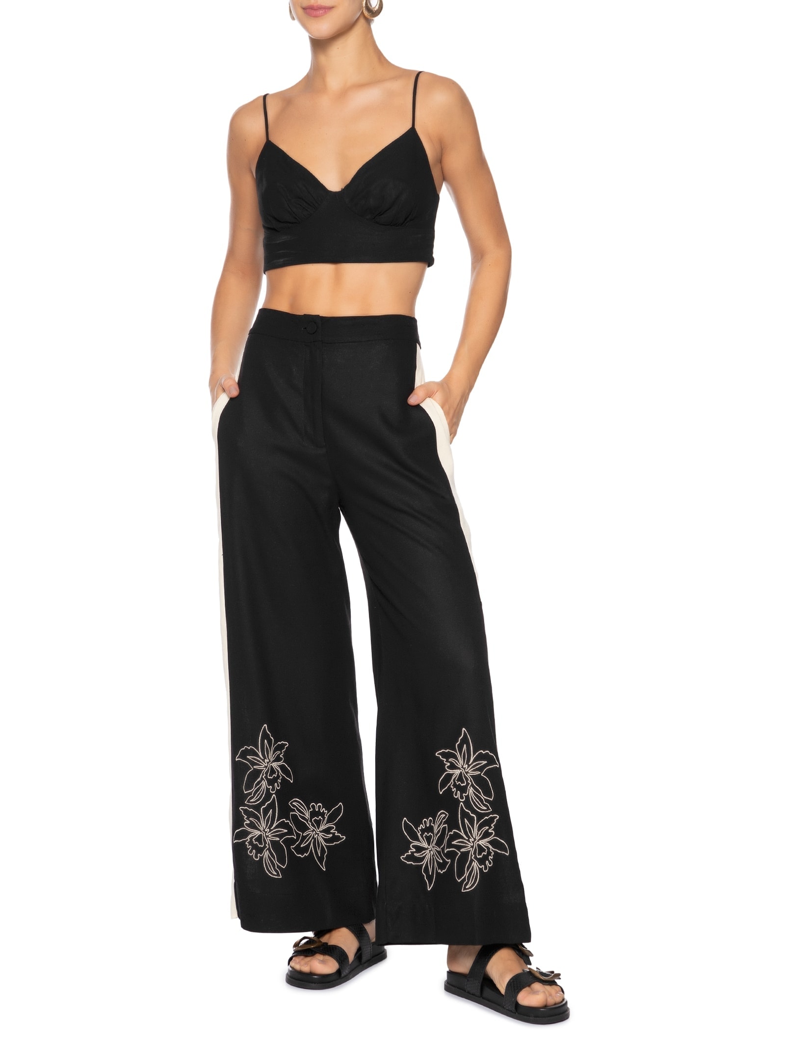 Calça Feminina Cropped Linho Bordado Floral Preto Dress To