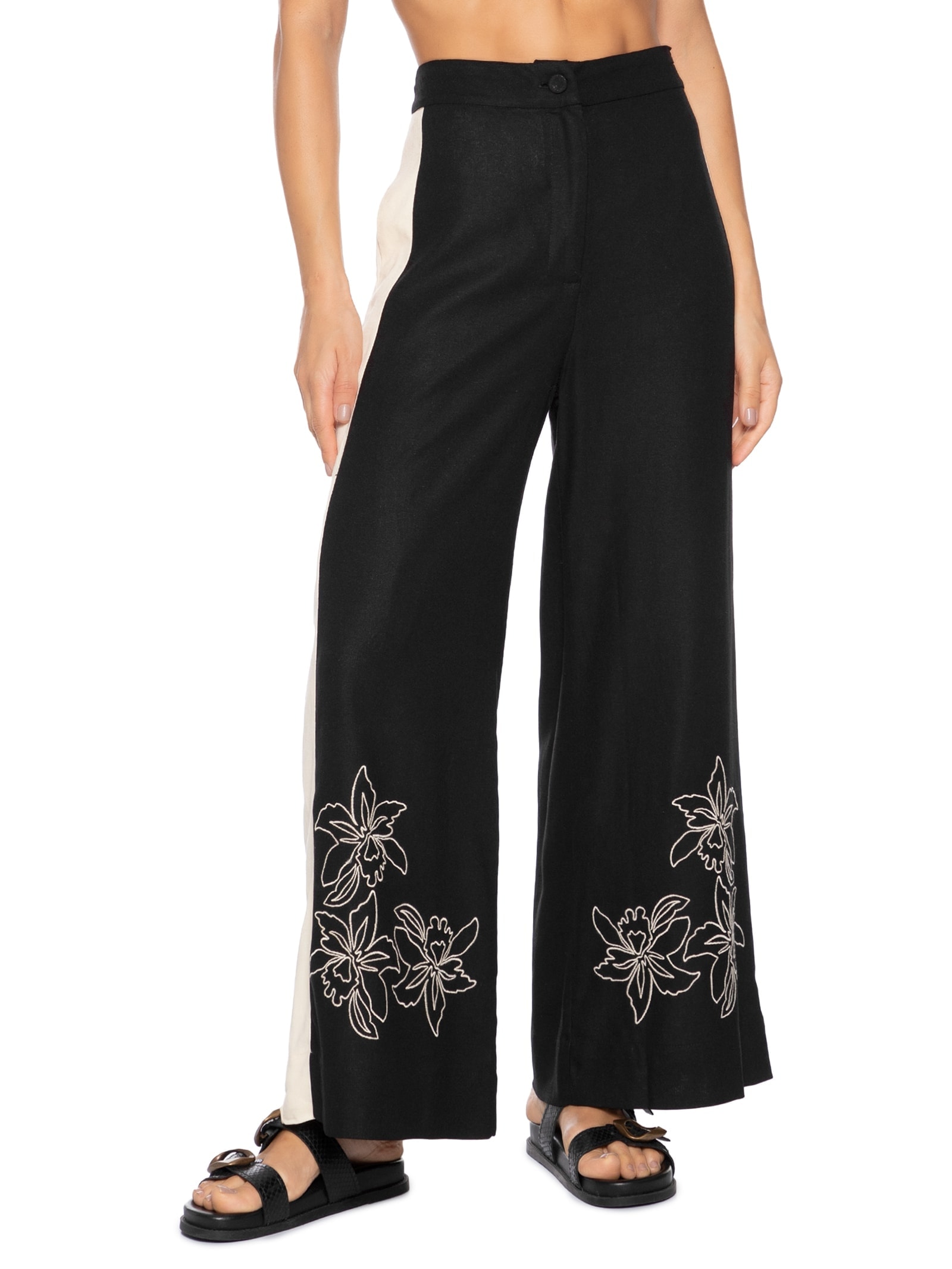 Calça Feminina Cropped Linho Bordado Floral Preto Dress To