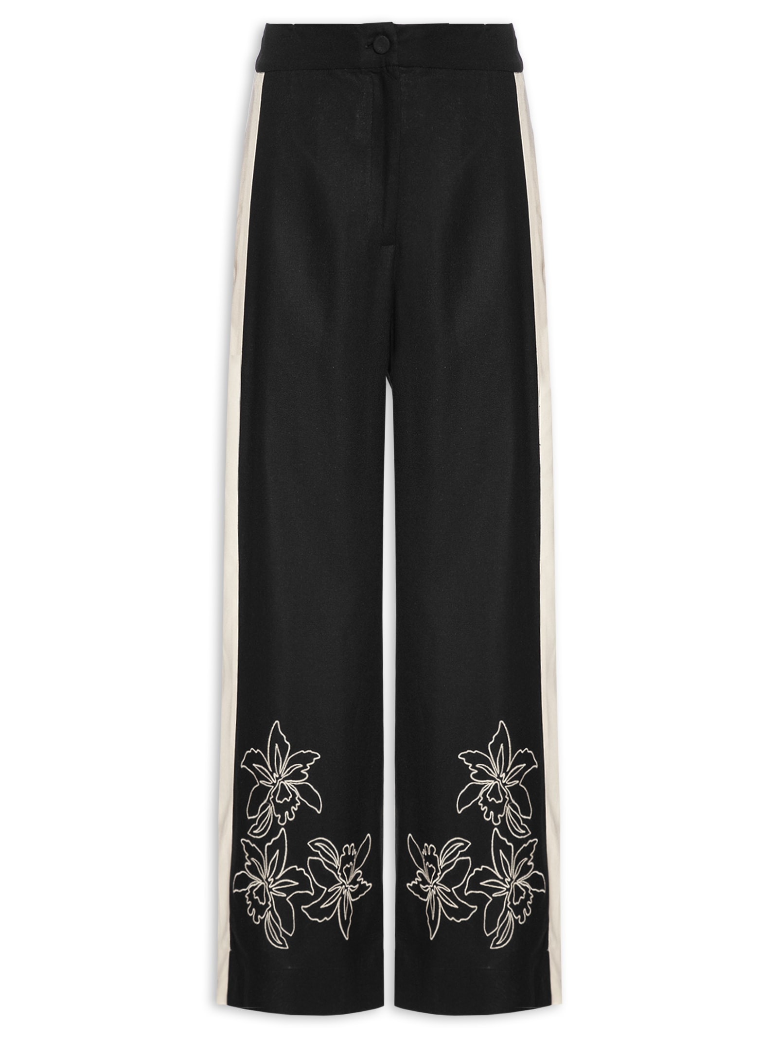 Calça Feminina Cropped Linho Bordado Floral Preto Dress To