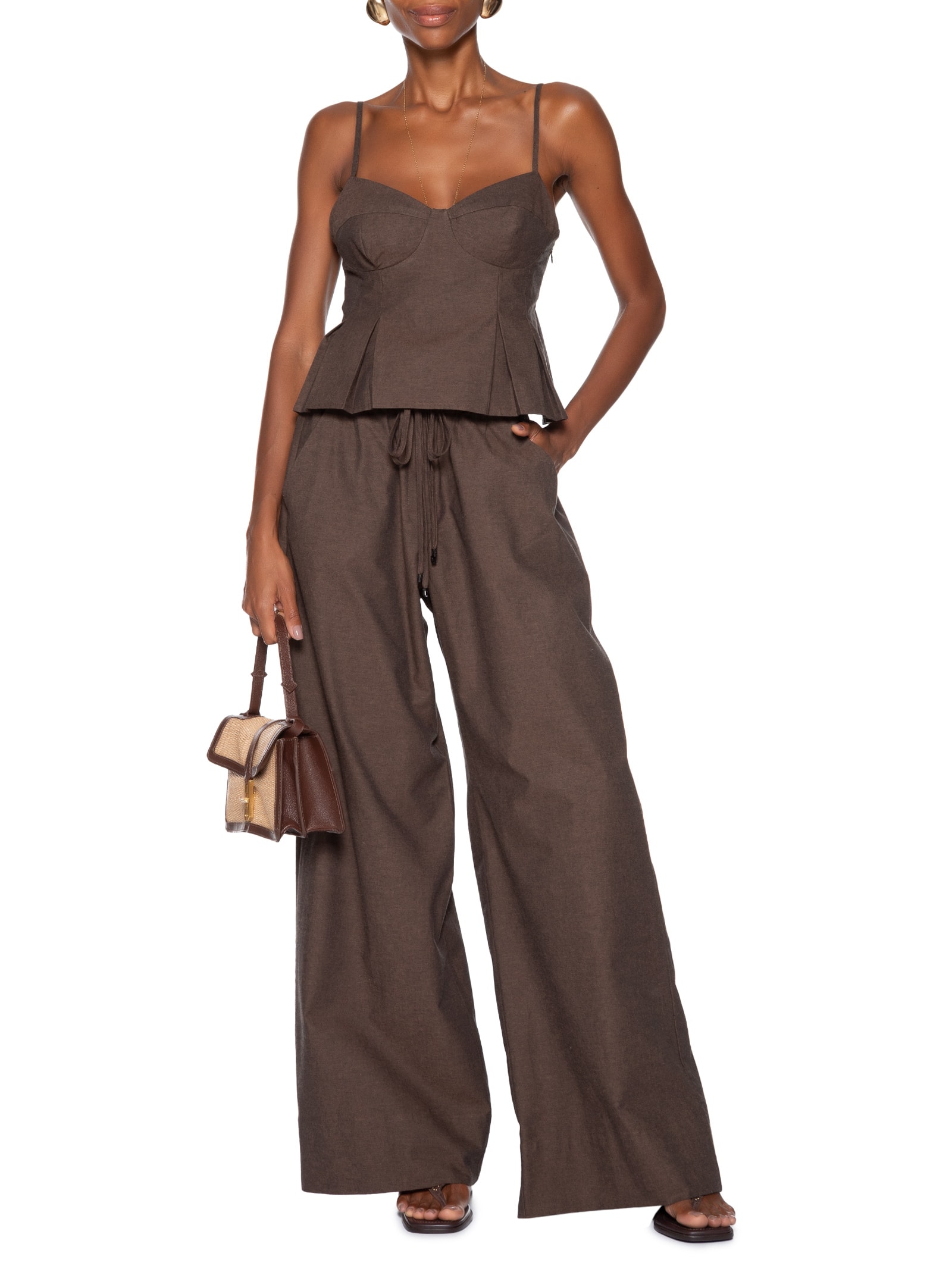 Calça Feminina De Algodão Pantalona Marrom Animale