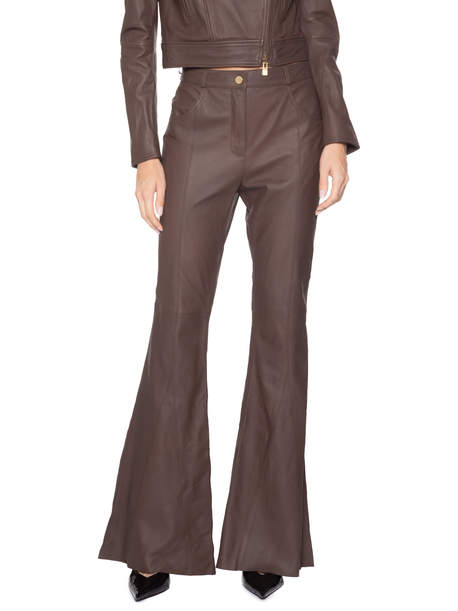 Calça Feminina De Couro Flare Nesgas Marrom Animale