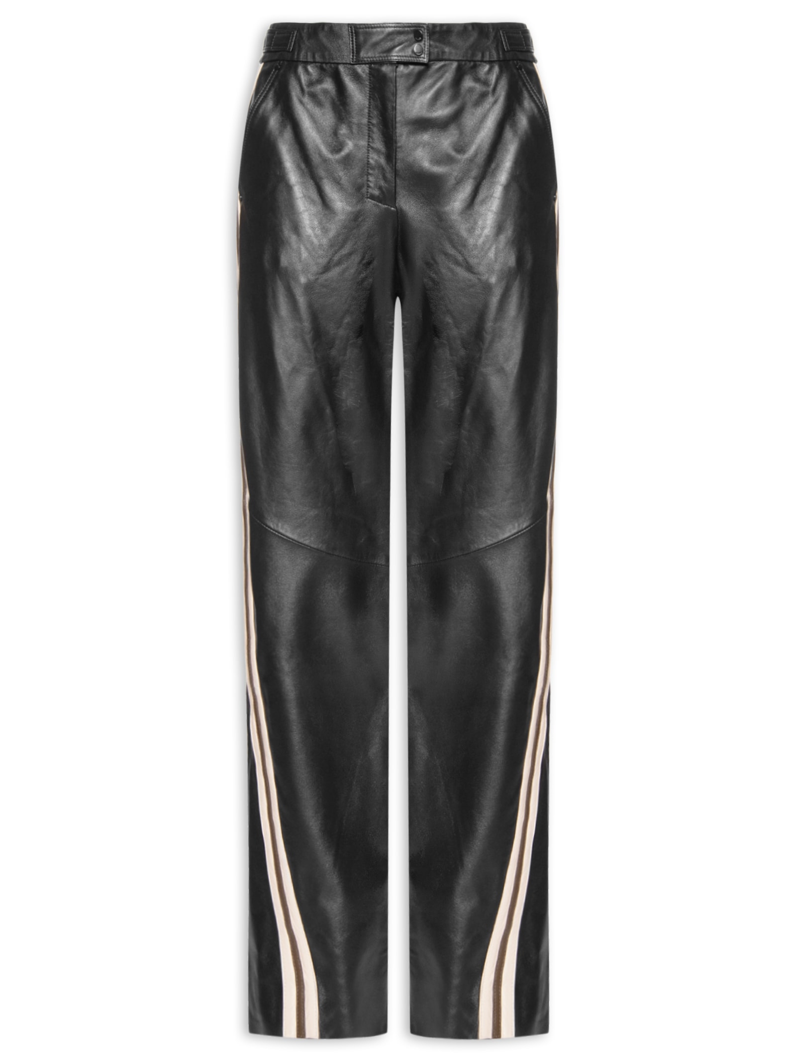 Calça Feminina de Couro Listra Lateral Botões Preto Animale