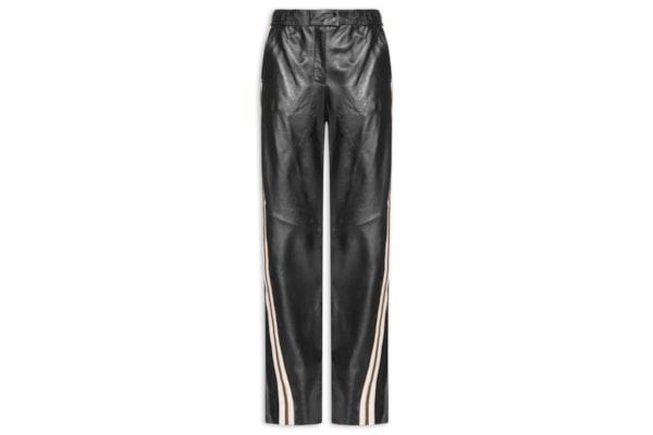 Calça Feminina de Couro Listra Lateral Botões - Preto