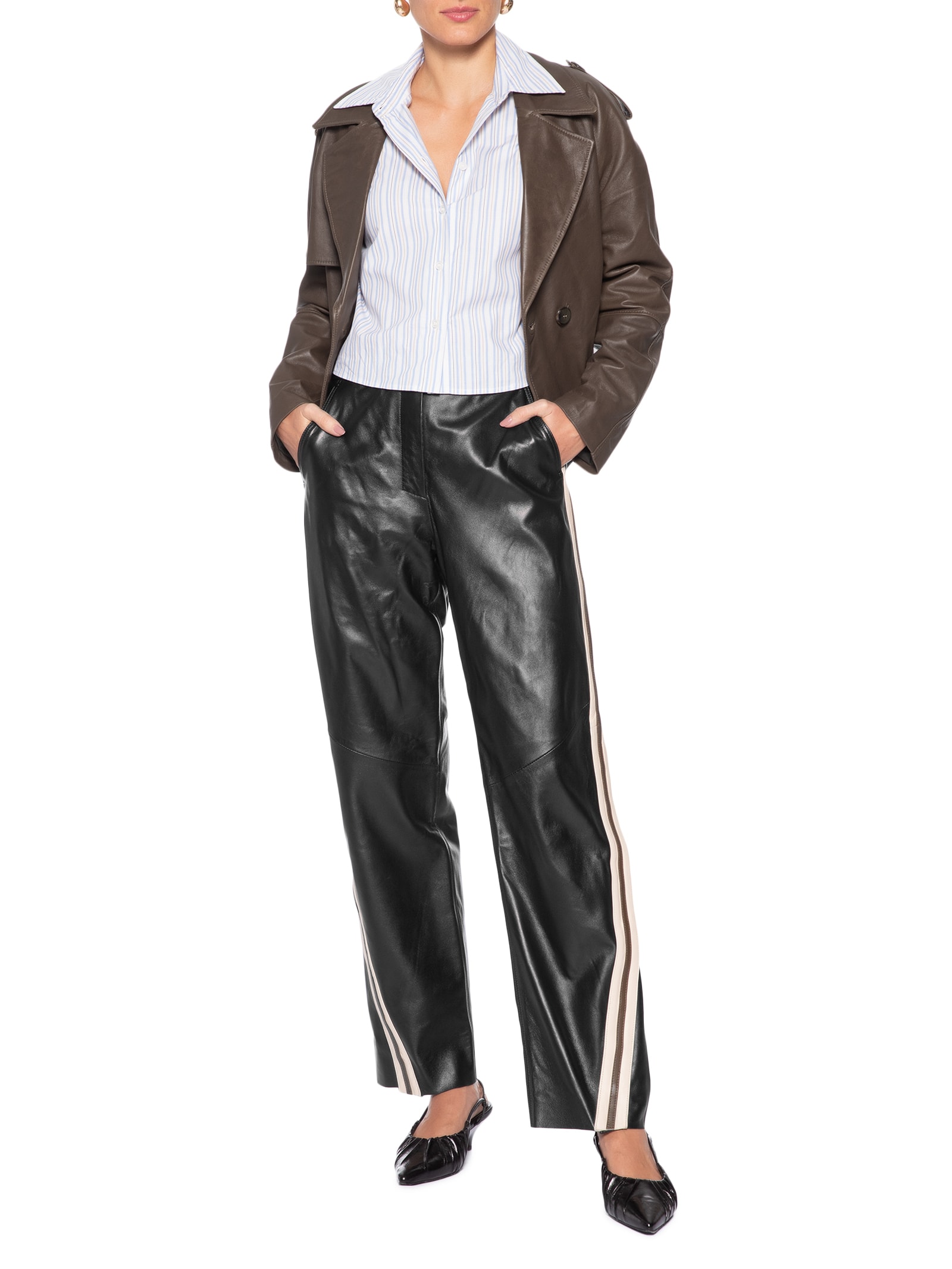Calça Feminina de Couro Listra Lateral Botões Preto Animale