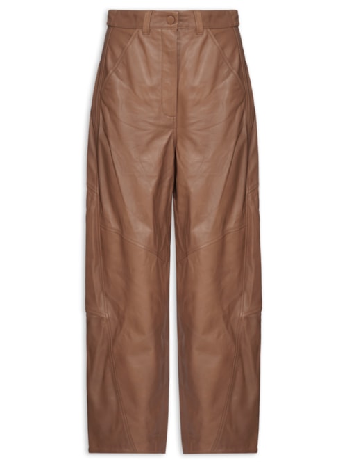 Calça Feminina De Couro Pespontos Barrel Leg – Marrom