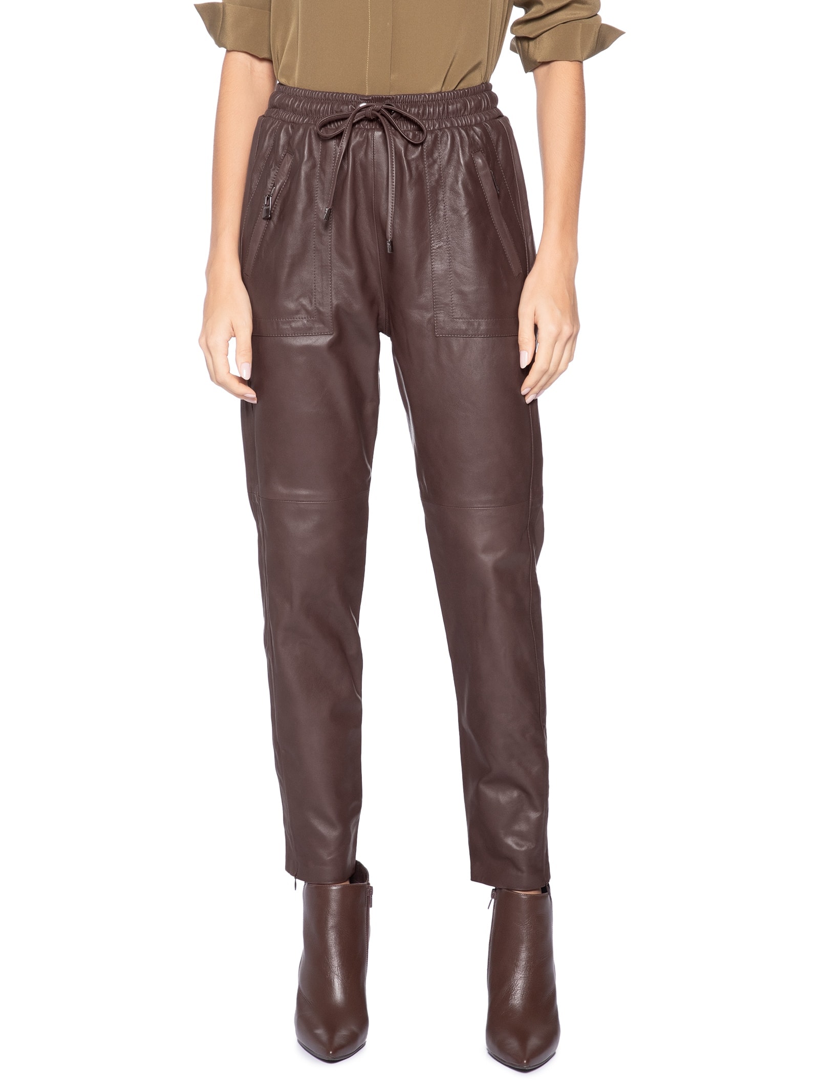 Calça Feminina De Couro Sport Marrom Animale