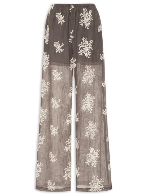 Calça Feminina De Gaze Bordada Ampla – Cinza