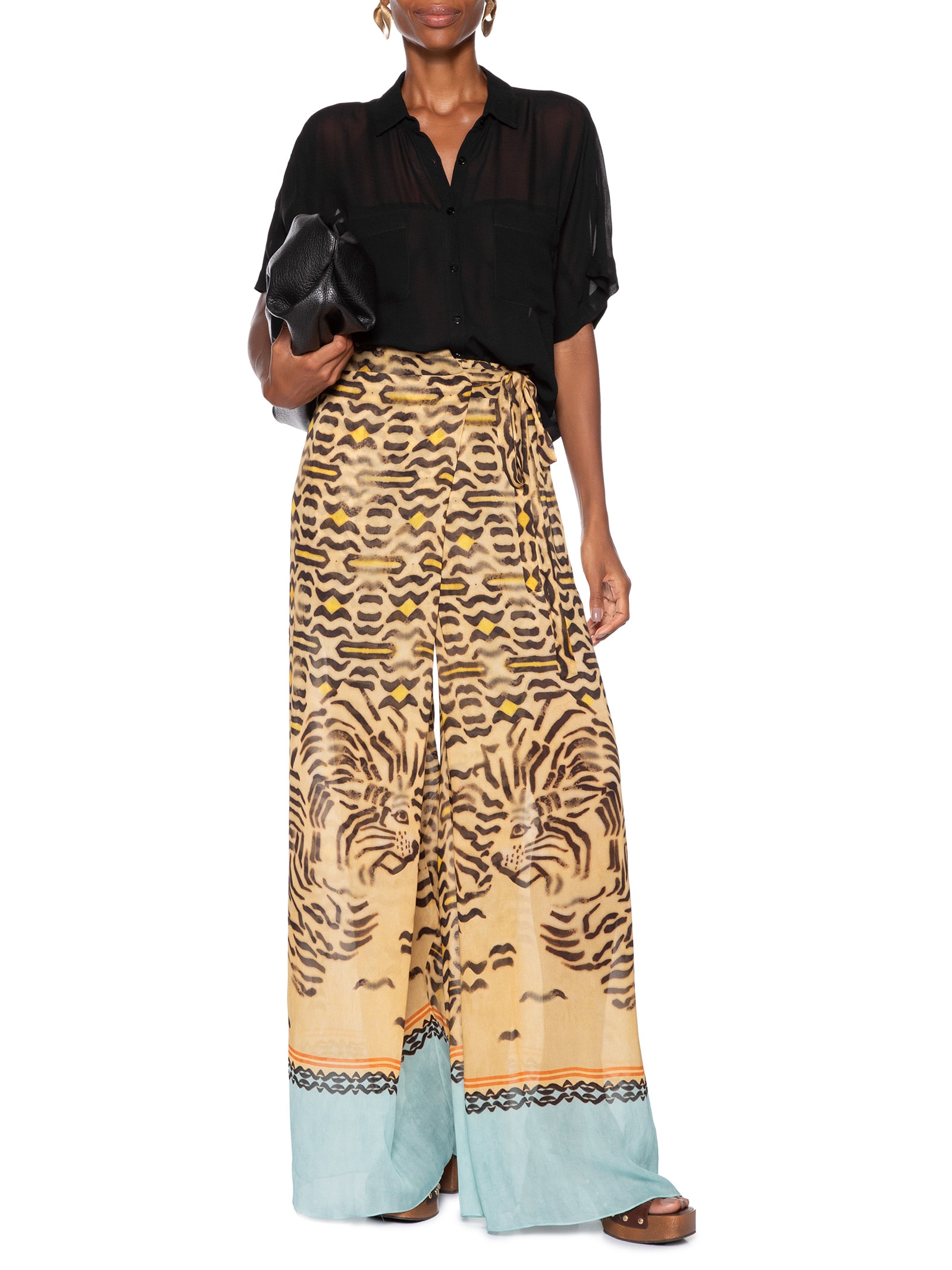 Calça Feminina De Georgette Estampada Transpassada Animal Print Animale