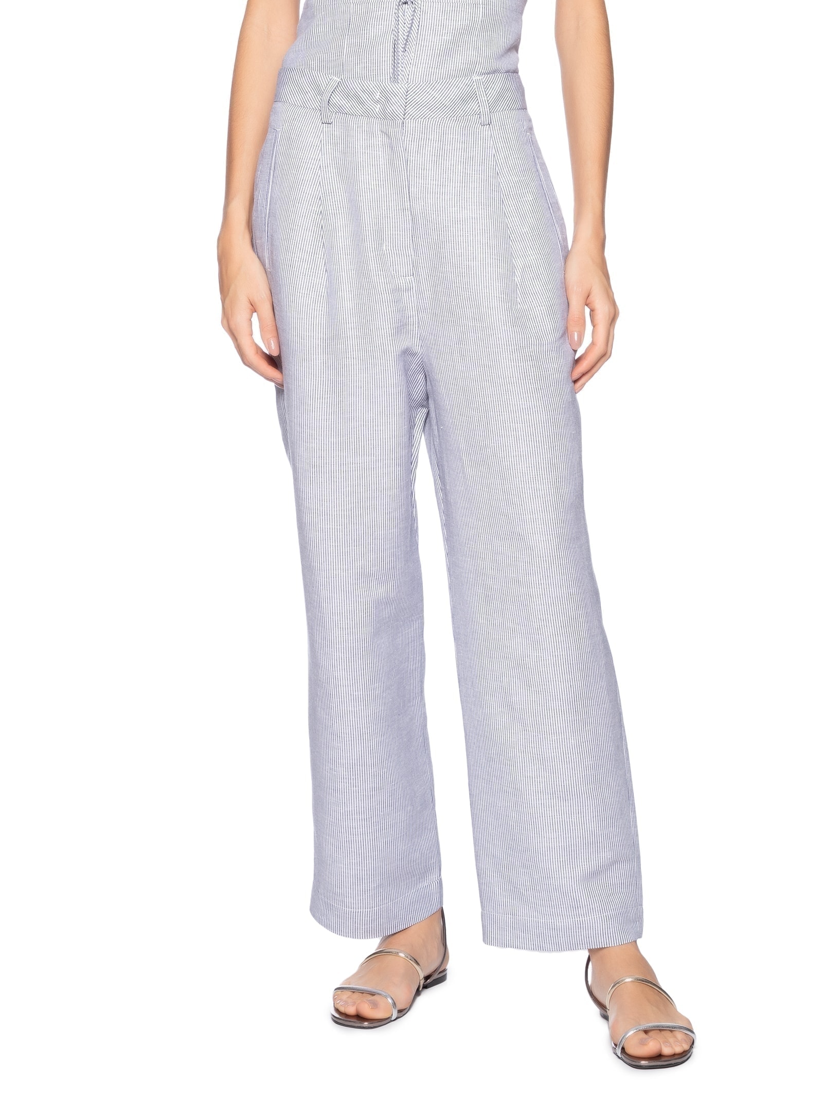 Calça Feminina De Linho Listras Azul Animale