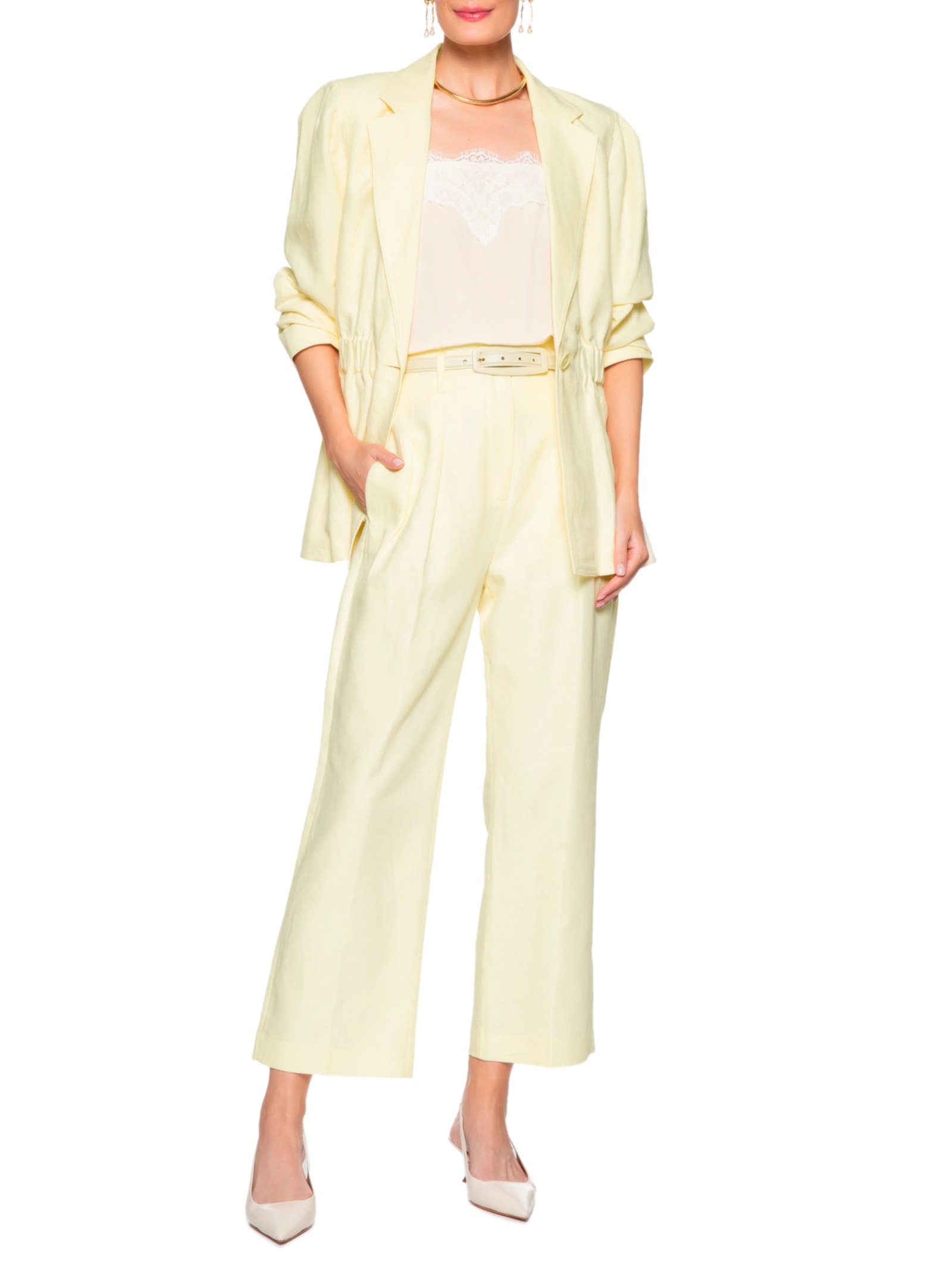 Calça Feminina De Linho Sem Cós Bege Manha Amarelo Animale