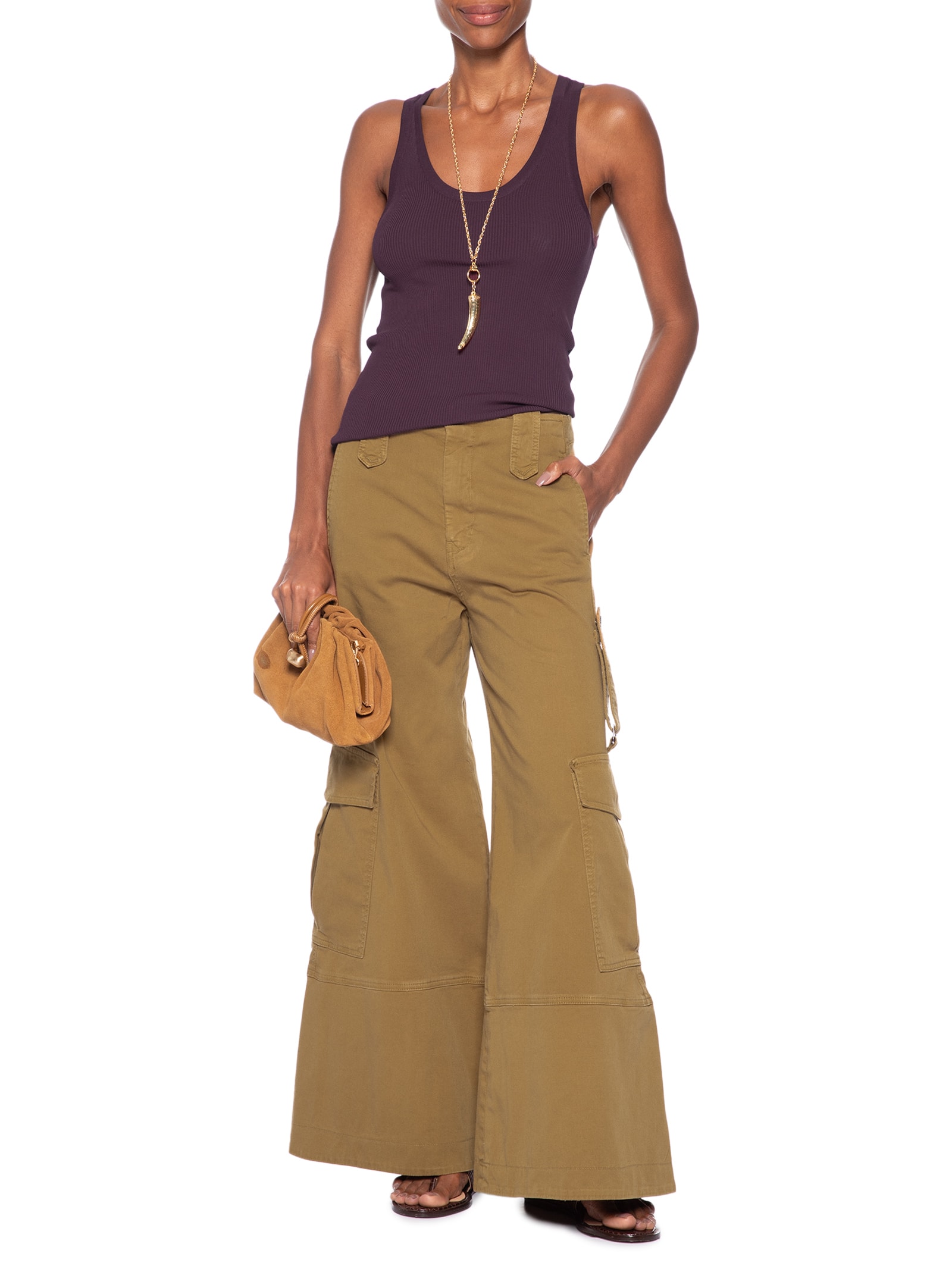 Calça Feminina De Sarja Ampla Bolso Lateral Marrom Animale