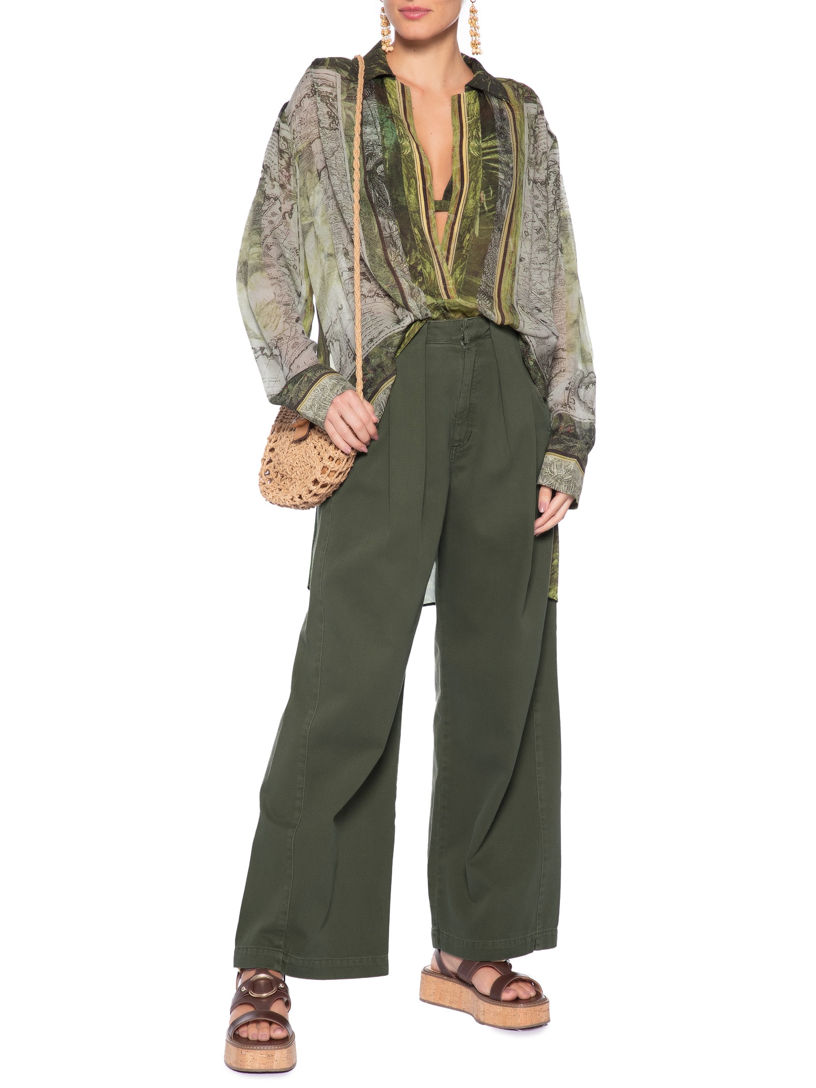 Calça Feminina de Sarja Passante Prega Verde Animale