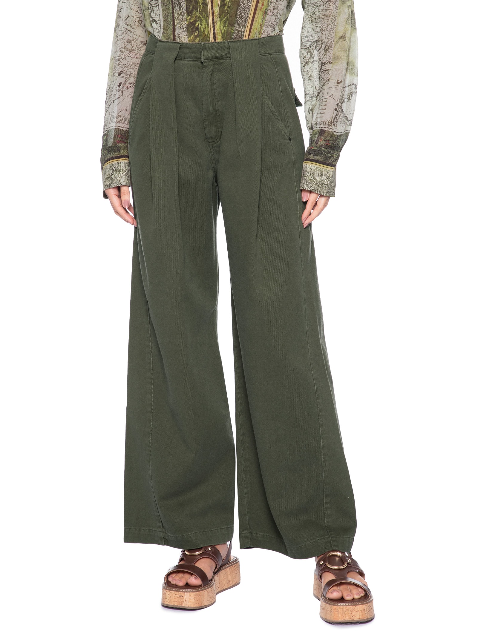 Calça Feminina de Sarja Passante Prega Verde Animale