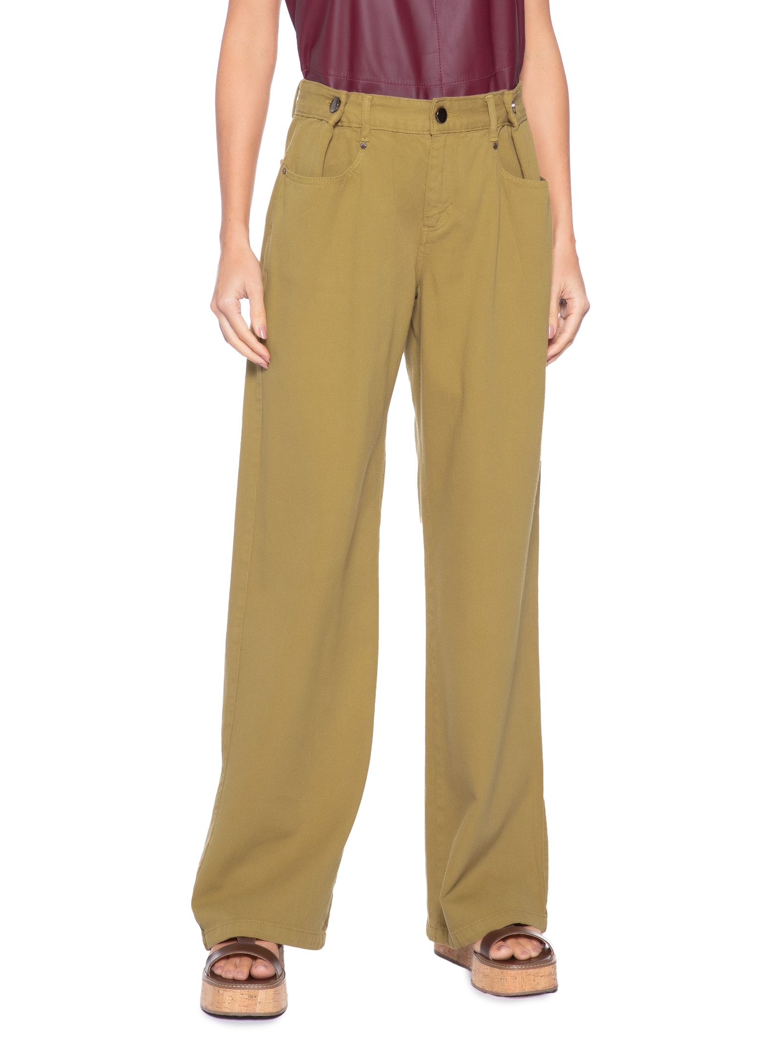 Calça Feminina de Sarja Prega Bolso Sépia Marrom Animale