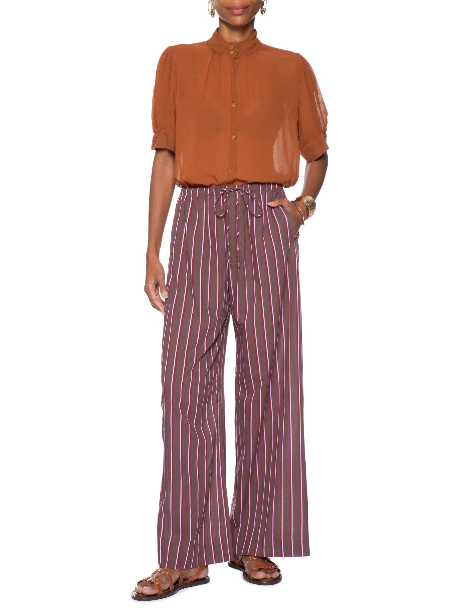 Calça Feminina de Voil Listrada Marrom Taupe – Marrom Animale