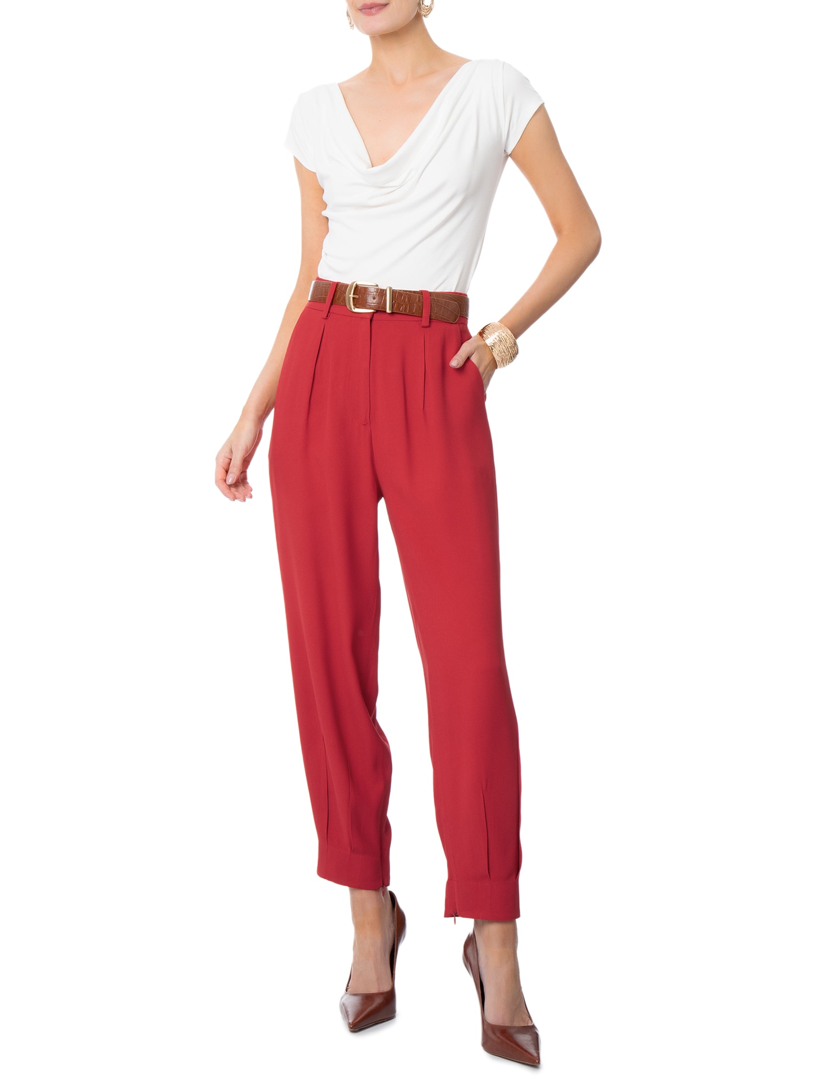 Calça Feminina Em Alfaiataria Cintura Alta Vermelho Escuro '2Essential