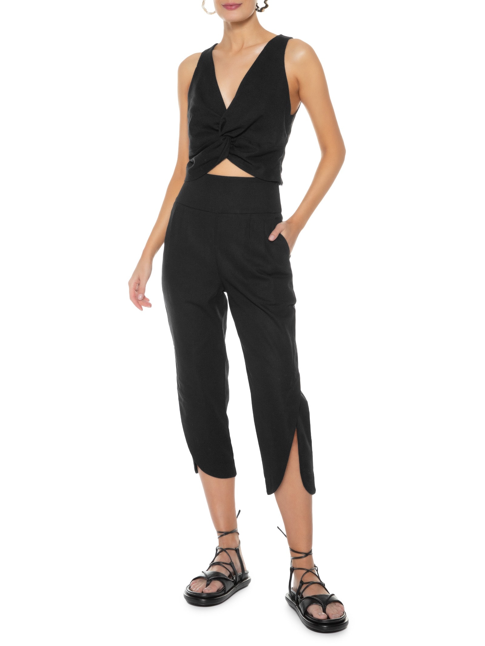 Calça Feminina Em Linho Misto Preto '2Essential