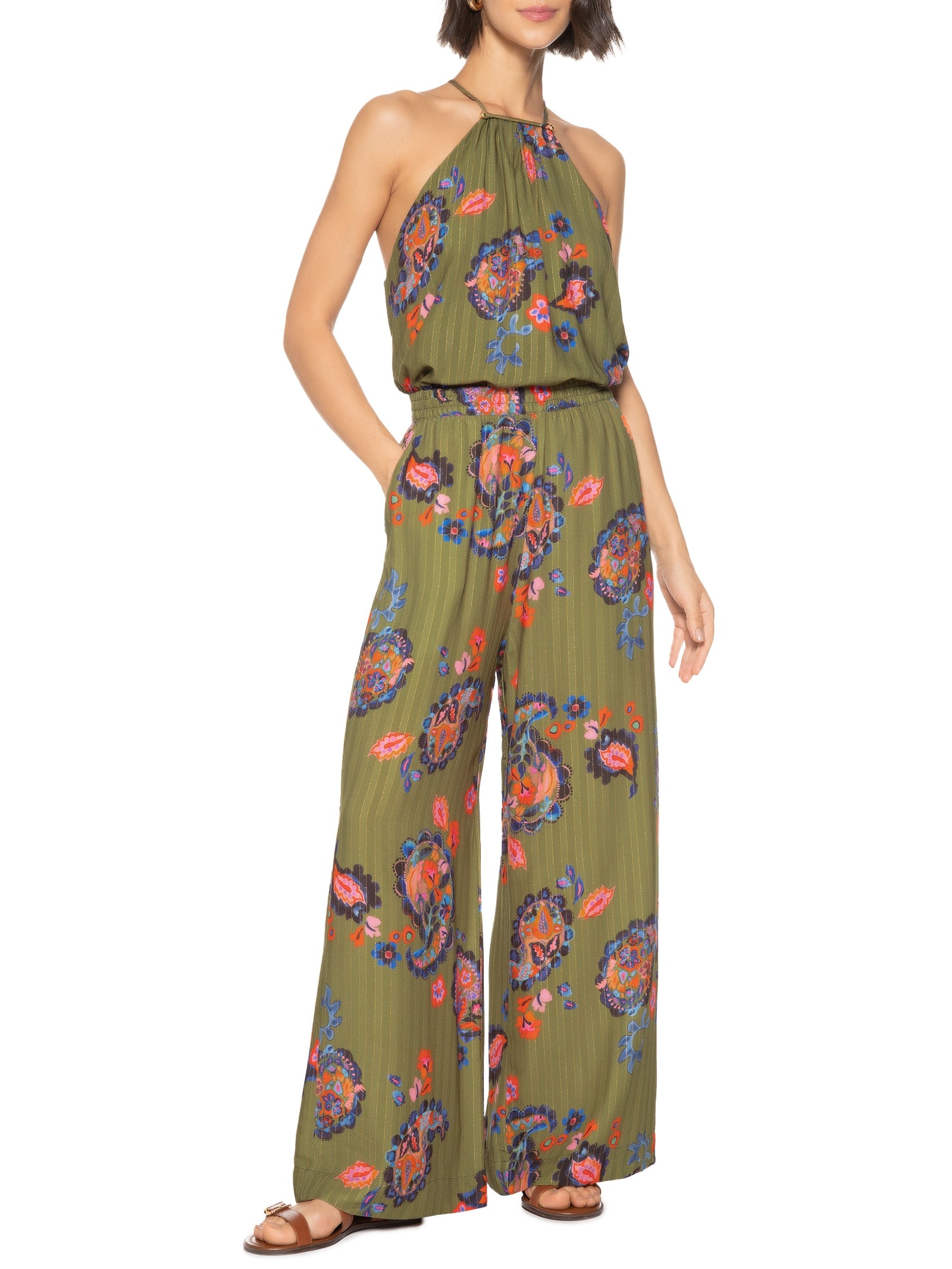 Calça Feminina Estampada Paisley Acqua Verde Cantão