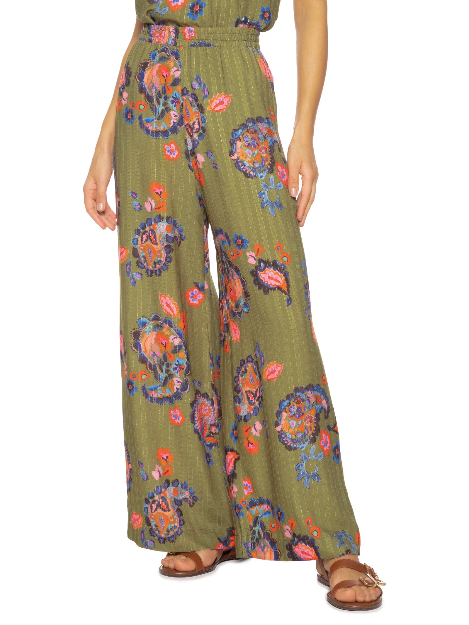 Calça Feminina Estampada Paisley Acqua Verde Cantão