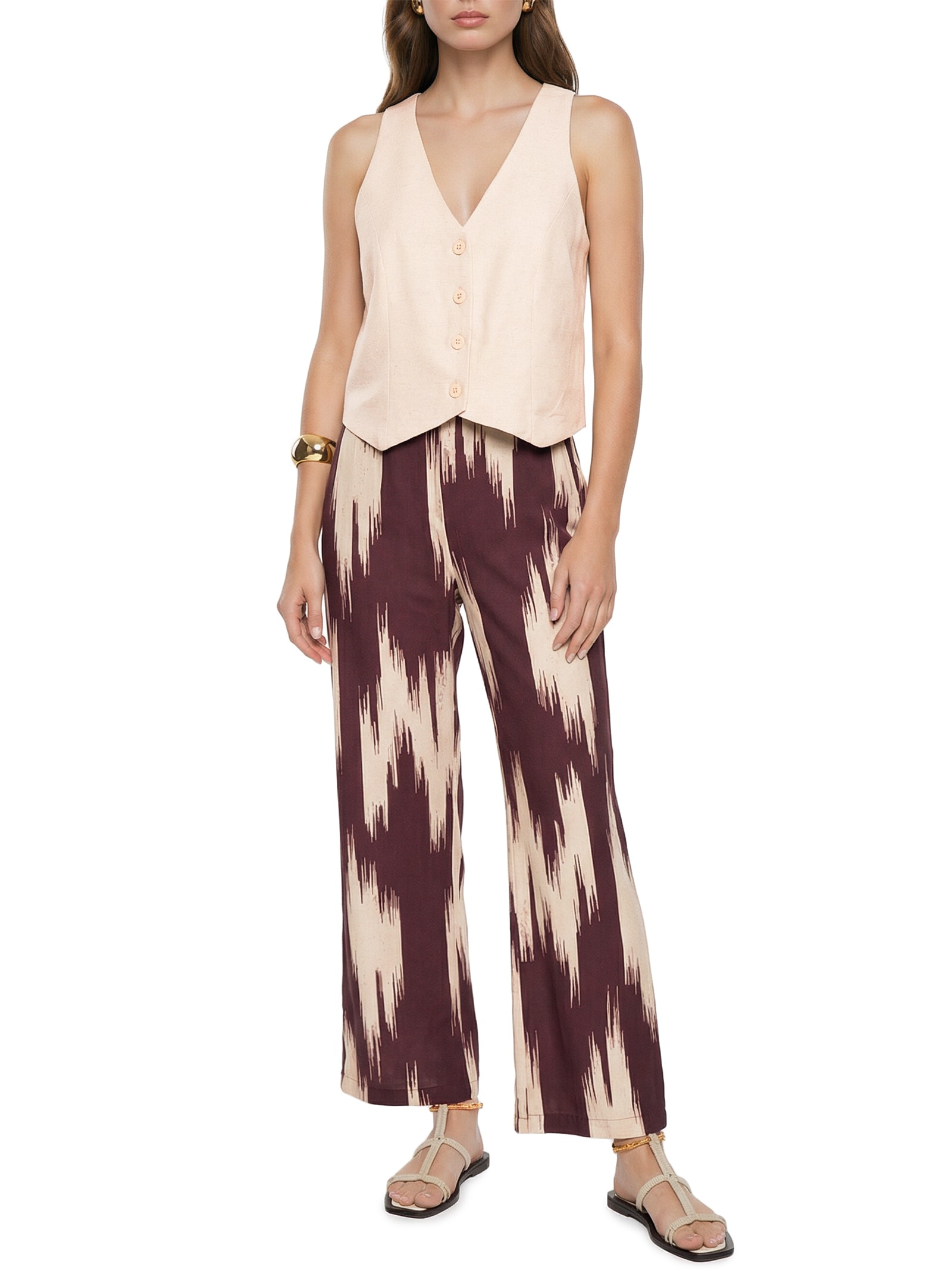 Calça Feminina Estampada Reta Marrom Cacay