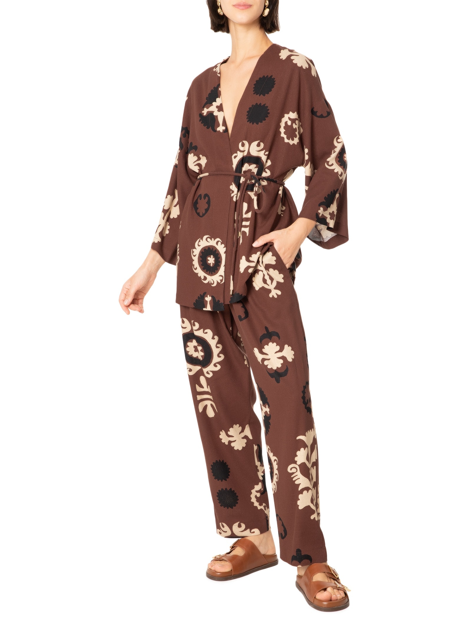 Calça Feminina Estampada Romani Marrom Cantão