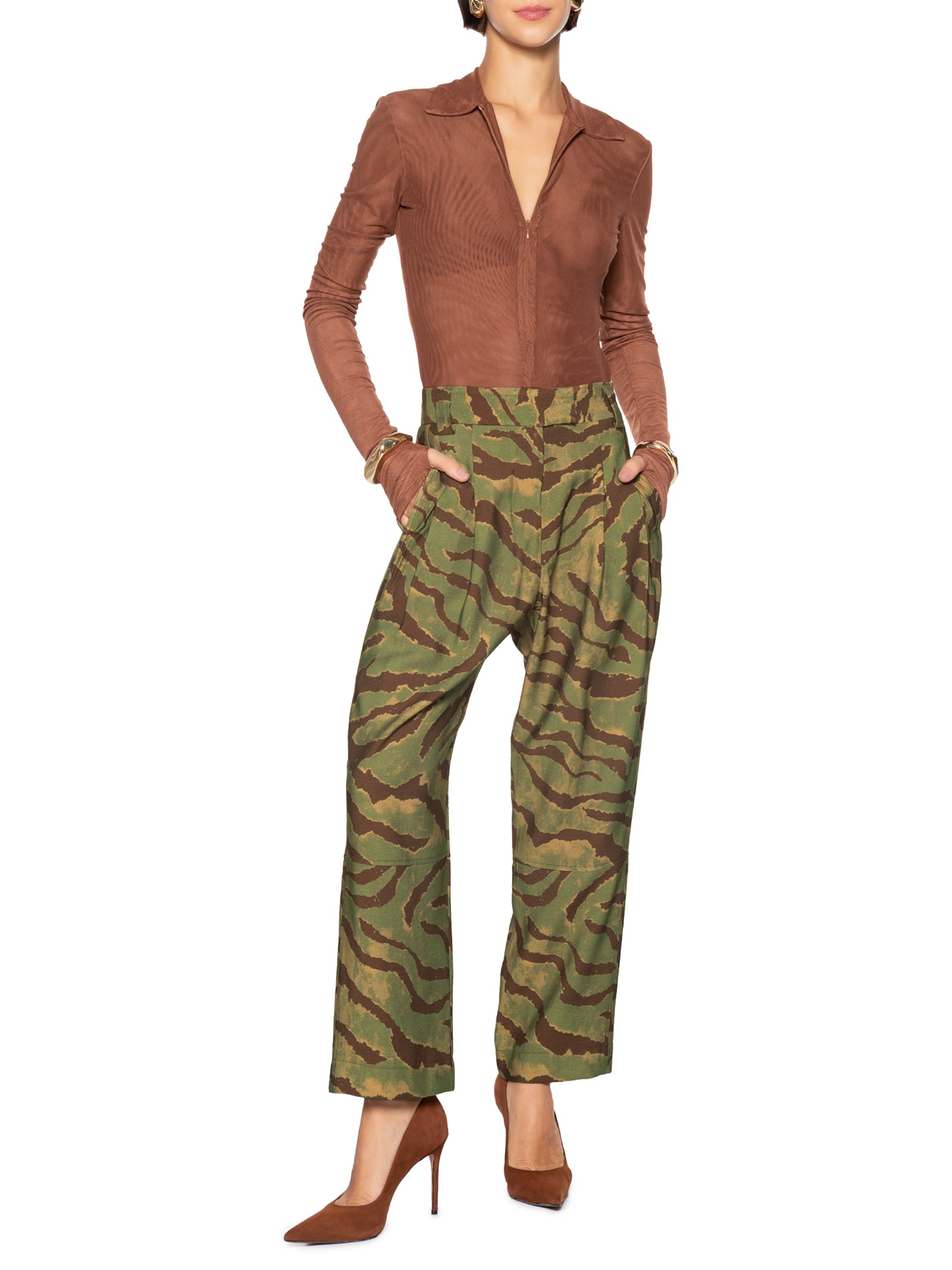 Calça Feminina Estampada Verde Open