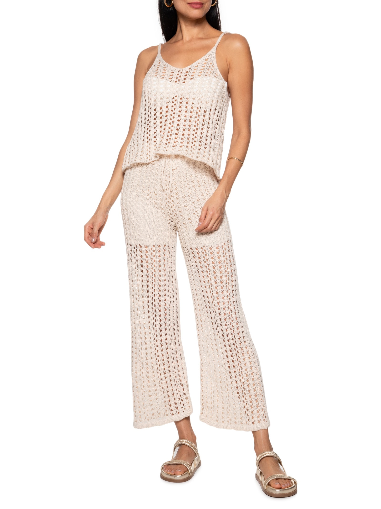 Calça Feminina Estilo Crochê Tricot Bege Cacay