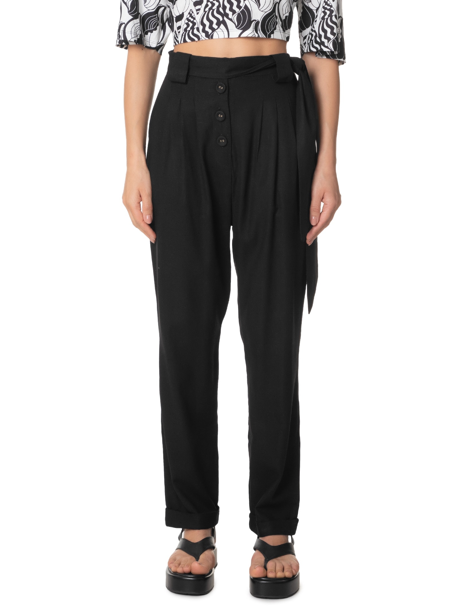 Calça Feminina Faixa Botões Preto Farm