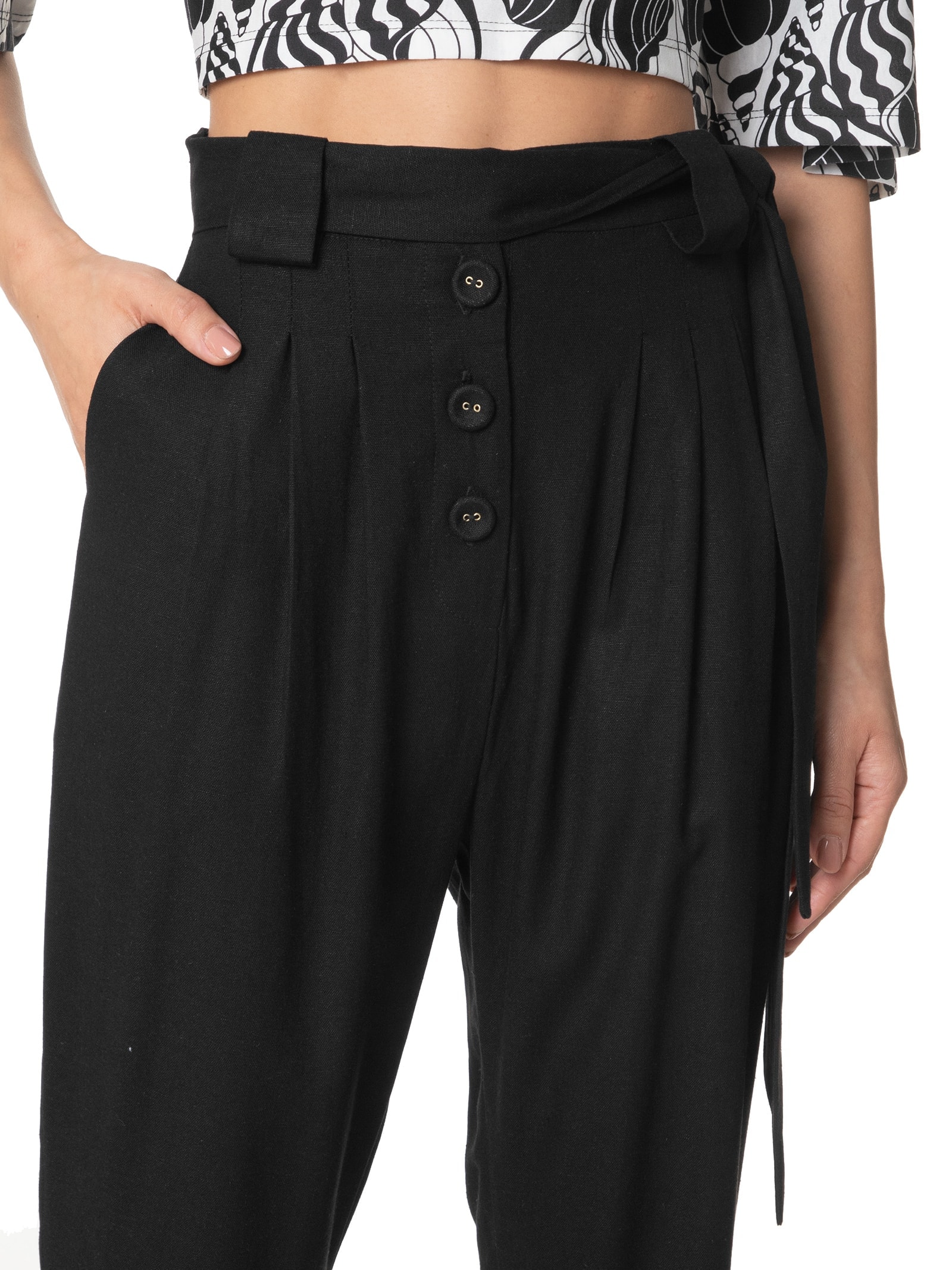 Calça Feminina Faixa Botões Preto Farm