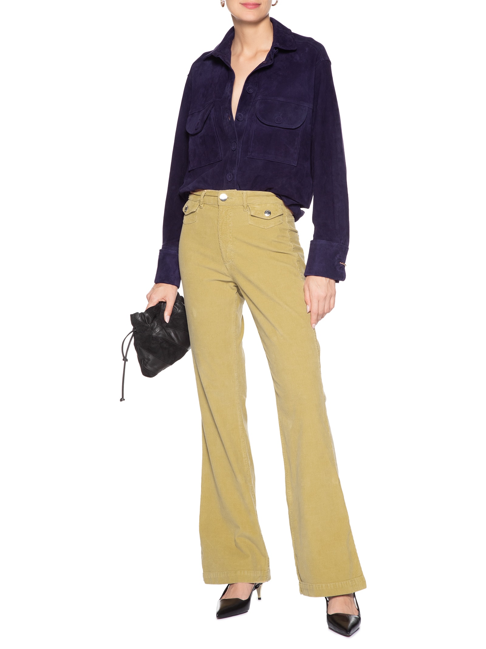 Calça Feminina Flare De Veludo Bolso Bege Animale